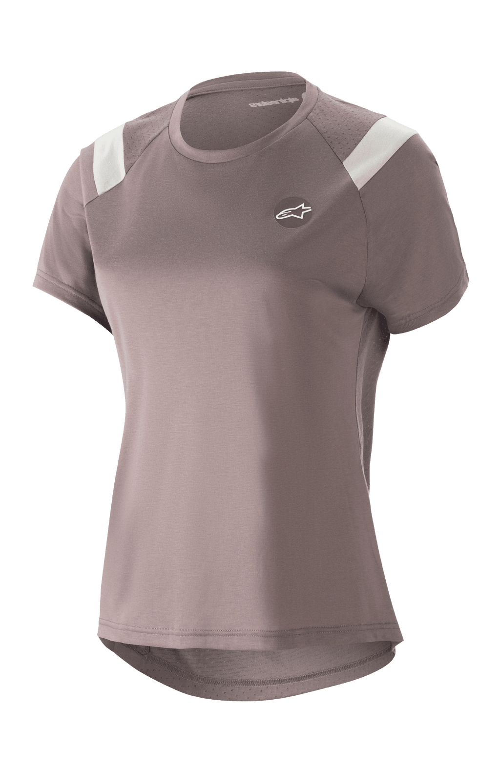 Alpinestars Women Stella Alps Escape Jersey, camisola de BTT de manga curta, cinza com detalhes brancos nos ombros, painéis de malha perfurada para respirabilidade, bainha traseira curva, pequeno logótipo circular Astar no peito, ajuste desportivo casual para BTT