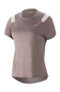 Alpinestars Women Stella Alps Escape Jersey, camisola de BTT de manga curta, cinza com detalhes brancos nos ombros, painéis de malha perfurada para respirabilidade, bainha traseira curva, pequeno logótipo circular Astar no peito, ajuste desportivo casual para BTT
