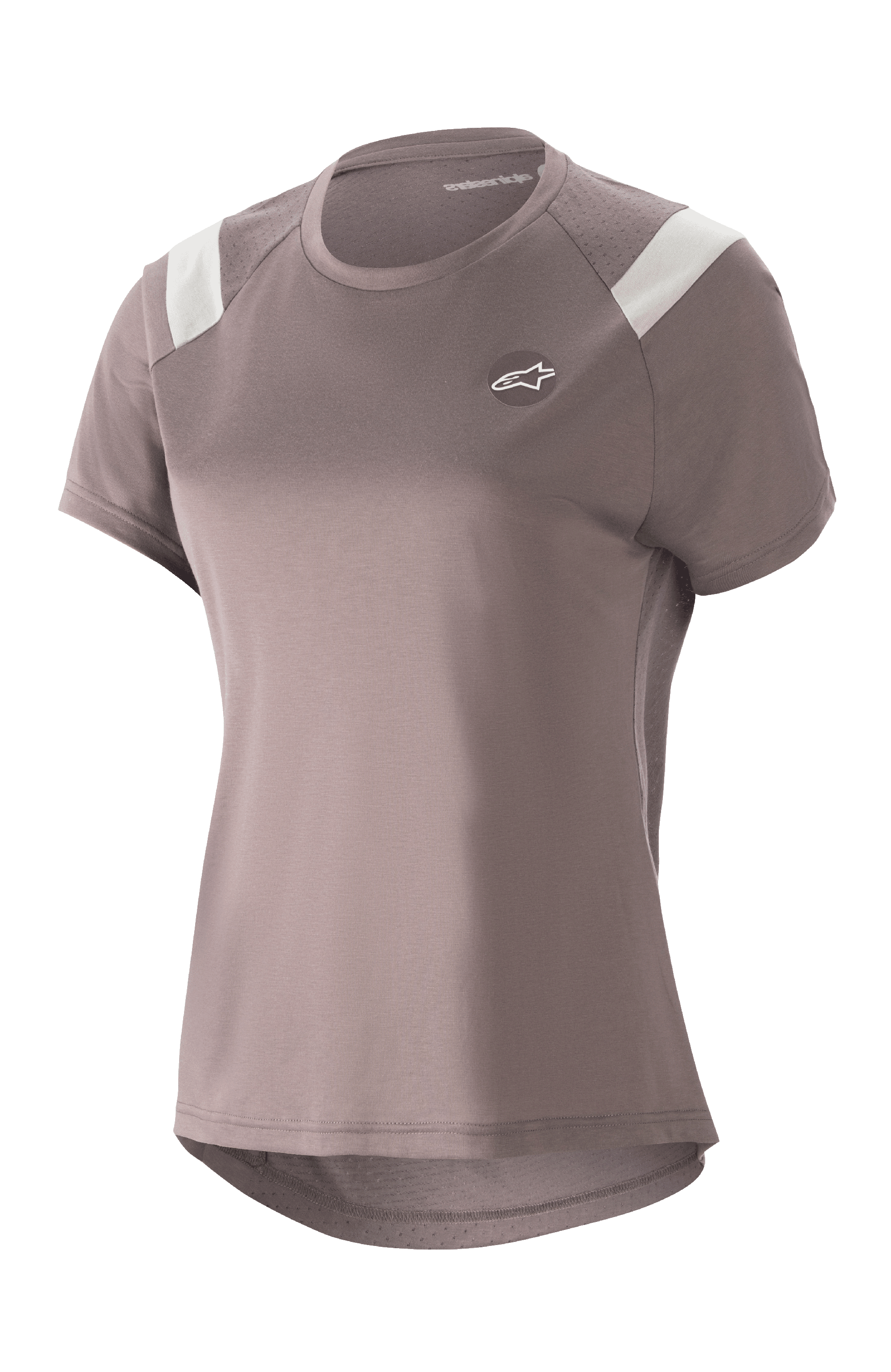 Alpinestars Women Stella Alps Escape Jersey, camisola de BTT de manga curta, cinza com detalhes brancos nos ombros, painéis de malha perfurada para respirabilidade, bainha traseira curva, pequeno logótipo circular Astar no peito, ajuste desportivo casual para BTT