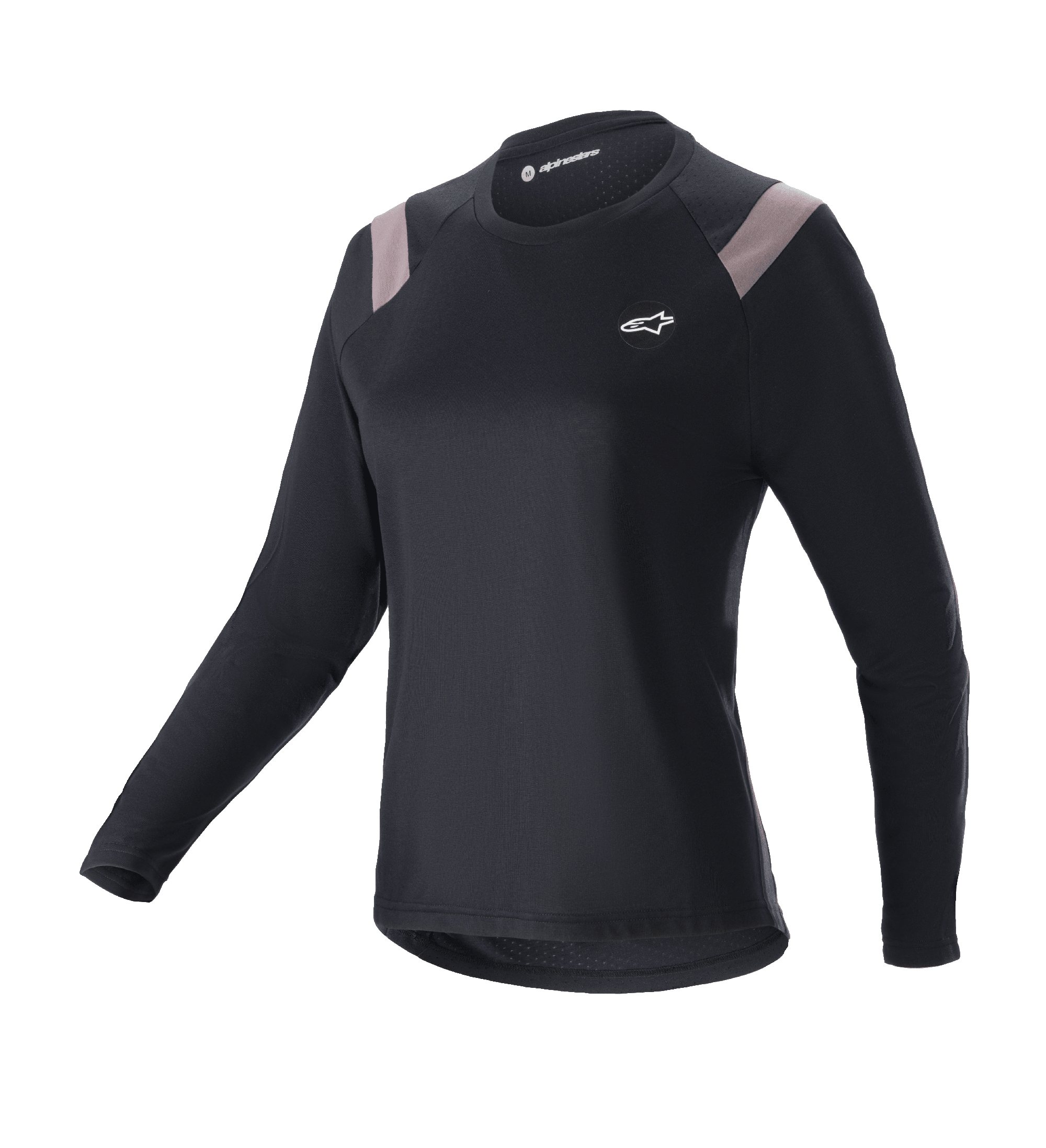 Alpinestars Stella Alps Escape Jersey, Long Sleeve Women's Mountain Bike Jersey, Black with Light Gray Shoulder Panels, Round Neck, Small White Chest Logo, Performance Athletic Fit