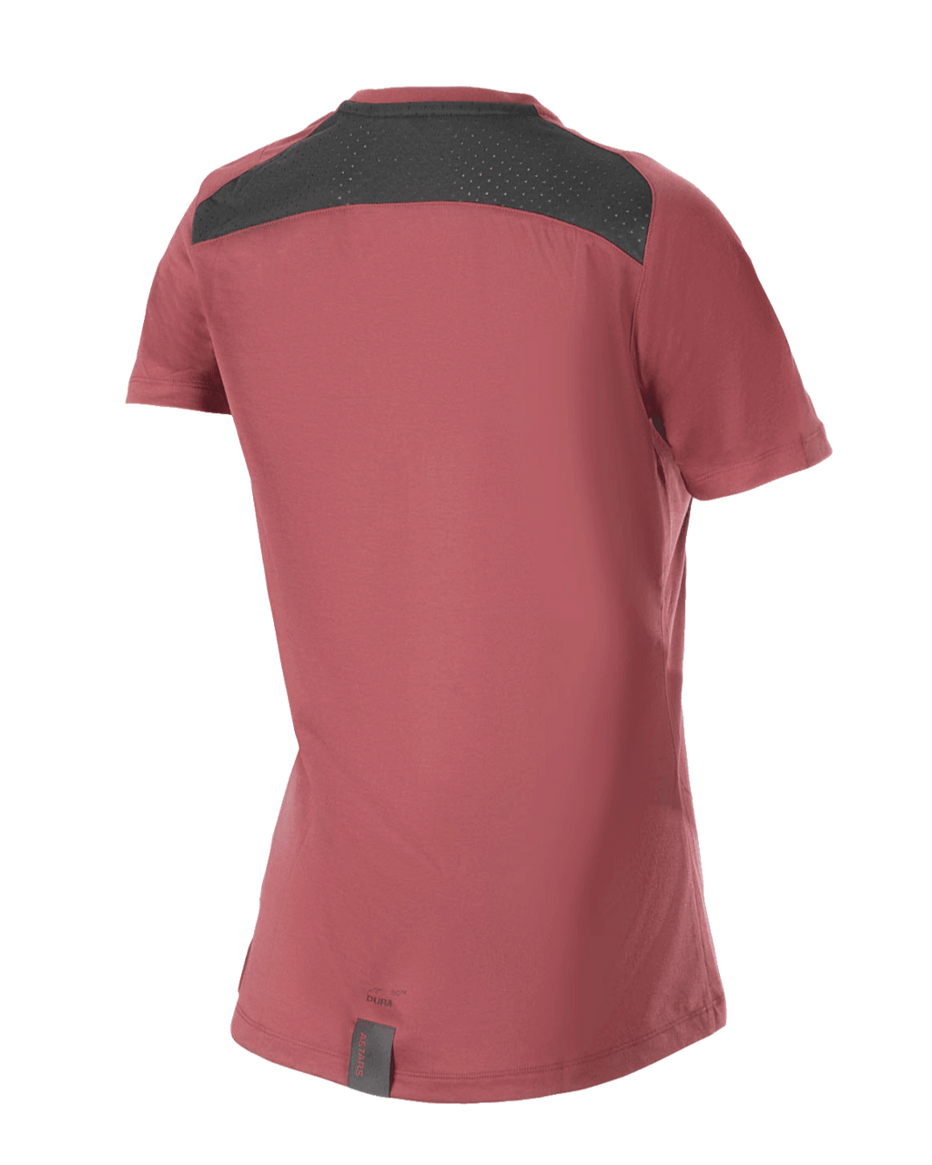 Alpinestars Stella A-Dura Dri Switch Jersey Feminina, camisola de manga curta para mountain bike, cor de vinho, vista traseira com painel de malha preta para ventilação e design de cauda mais longa