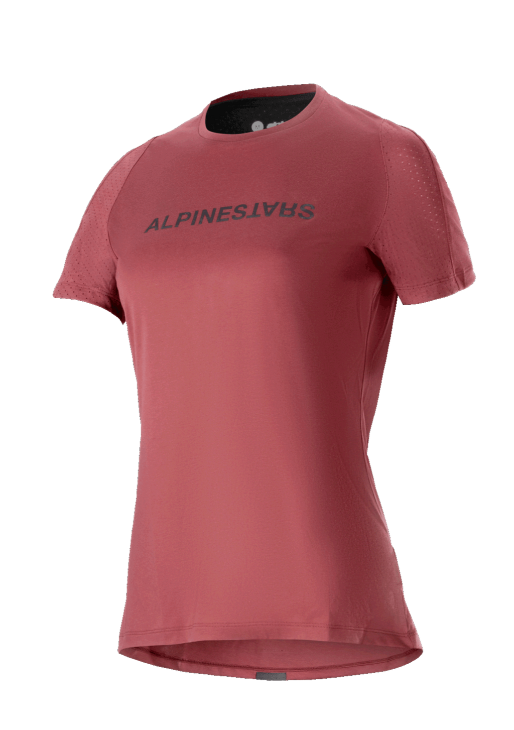 Alpinestars Stella A-Dura Dri Switch, camisola de manga curta para mulher, camisola de BTT, vermelho borgonha com logótipo preto, mangas em malha perfurada para respirabilidade, vestuário de ciclismo de performance