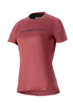 Alpinestars Stella A-Dura Dri Switch, camisola de manga curta para mulher, camisola de BTT, vermelho borgonha com logótipo preto, mangas em malha perfurada para respirabilidade, vestuário de ciclismo de performance