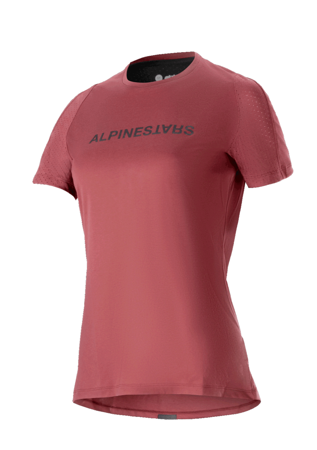 Alpinestars Stella A-Dura Dri Switch, camisola de manga curta para mulher, camisola de BTT, vermelho borgonha com logótipo preto, mangas em malha perfurada para respirabilidade, vestuário de ciclismo de performance
