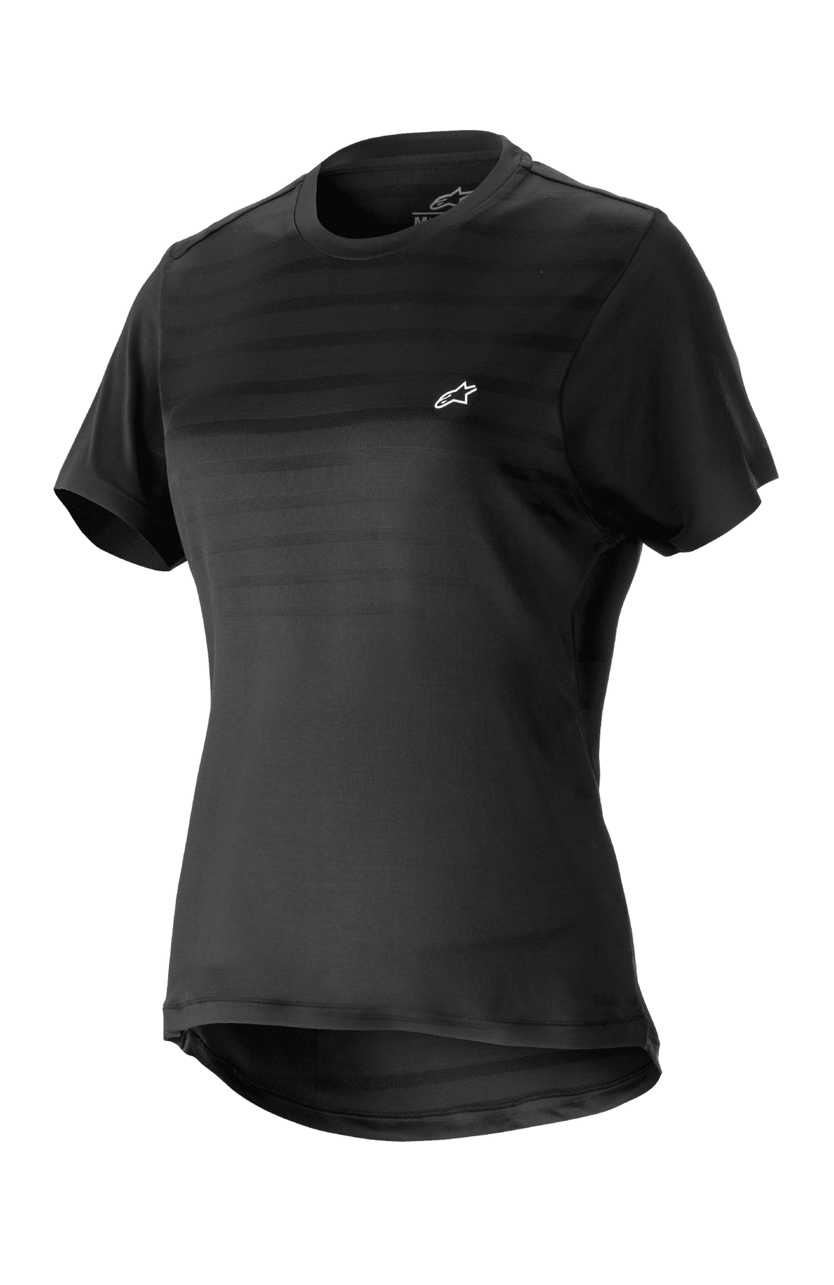 Alpinestars Women Stella Alps Constellation Jersey, Short Sleeve Mountain Bike Jersey, Black with subtle horizontal stripes on chest, small white logo, round neckline, extended tail for coverage, lightweight breathable fabric for MTB