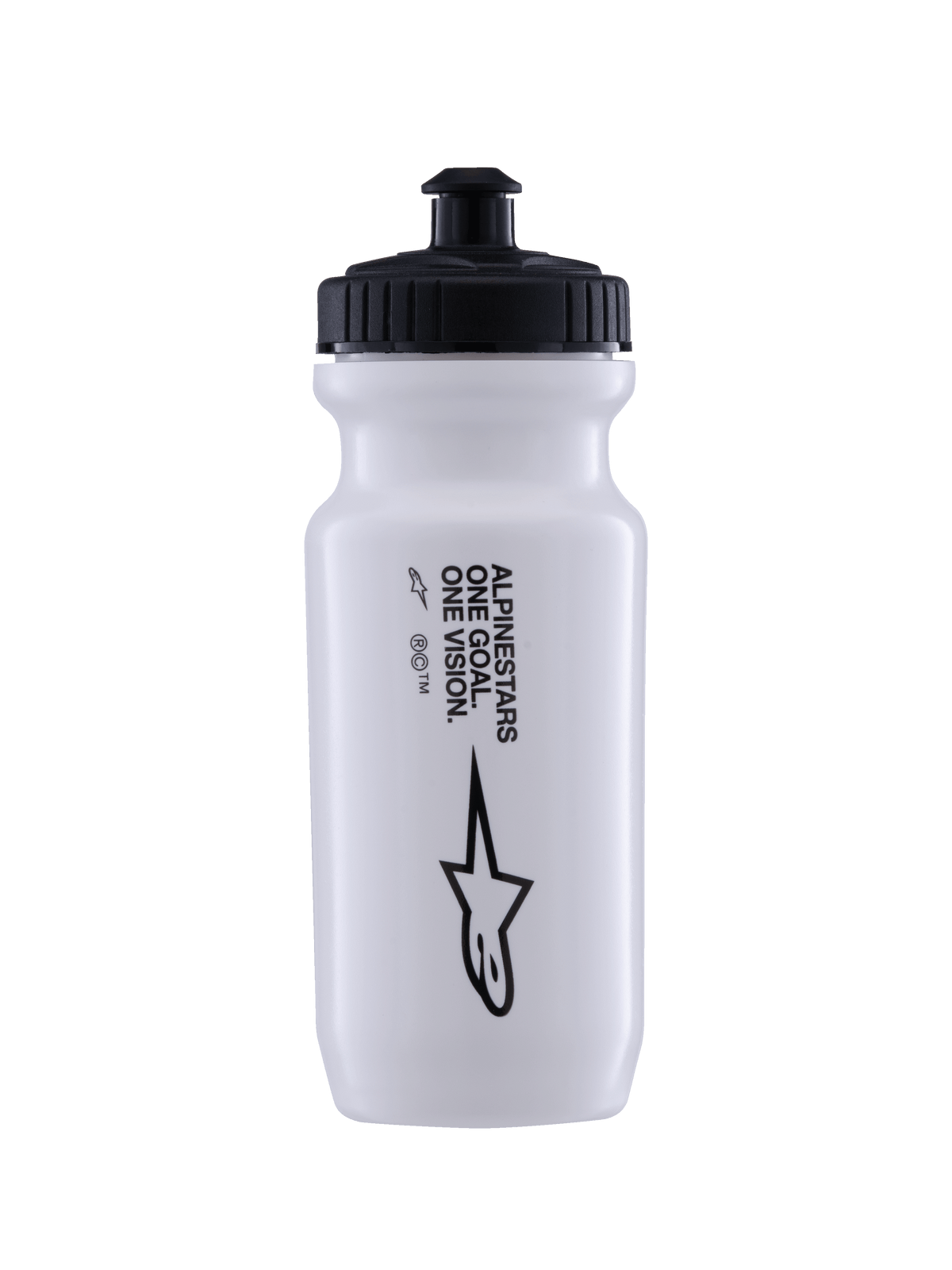 Alpinestars Water Bottle Ogov 20Oz, garrafa de água branca com tampa preta, texto 'One Goal One Vision' e logótipo Alpinestars, bico push-pull, design cilíndrico de apertar para hidratação em ciclismo