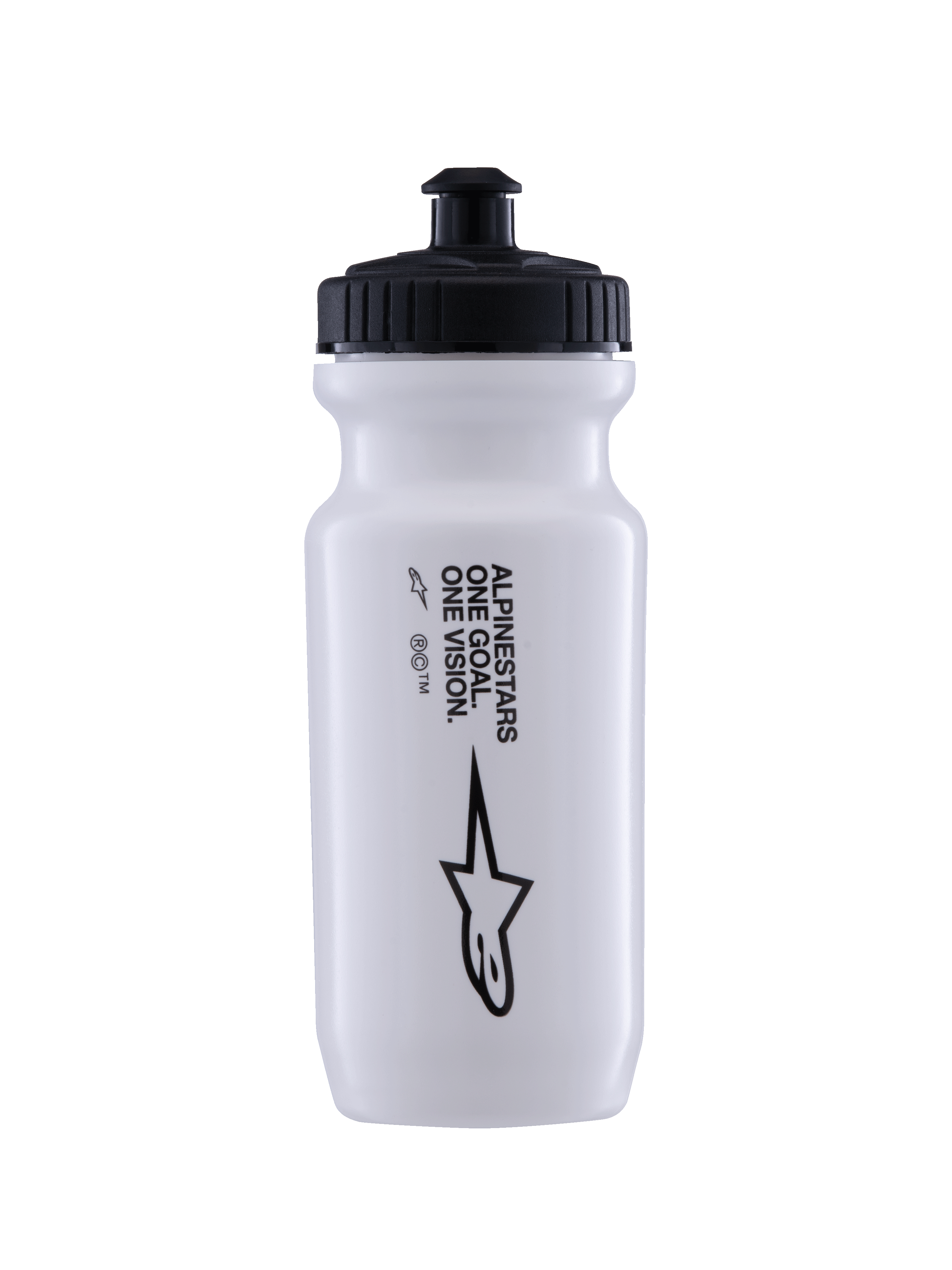 Alpinestars Water Bottle Ogov 20Oz, garrafa de água branca com tampa preta, texto 'One Goal One Vision' e logótipo Alpinestars, bico push-pull, design cilíndrico de apertar para hidratação em ciclismo