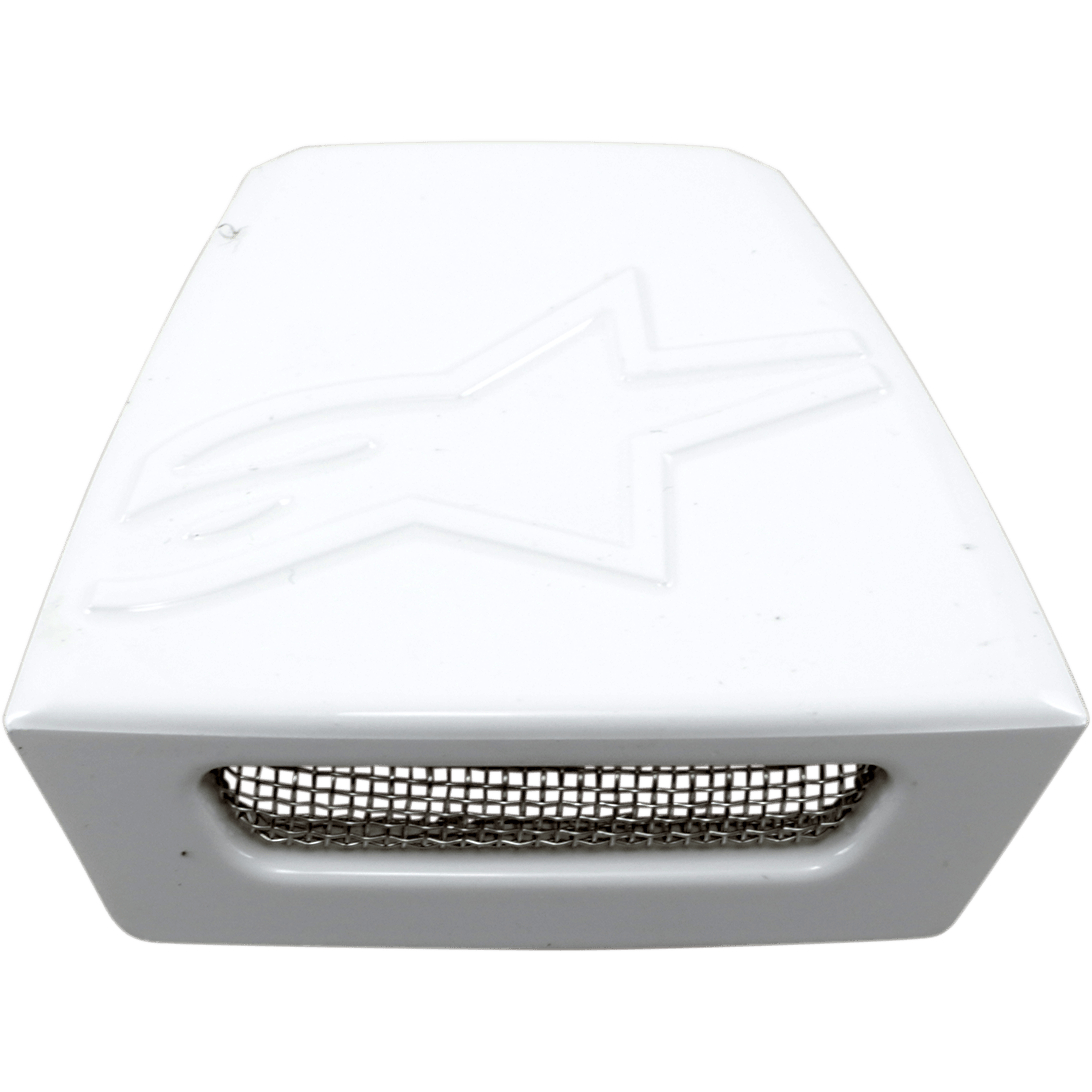 Alpinestars Supertech M10/M8 Helmet Rear Vent Frame, Glossy White replacement part, embossed Astar logo on top, rectangular opening with metal mesh grille, motocross helmet accessory