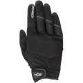 Luvas Alpinestars Atom, luvas de motociclismo pretas, com painéis em malha para respirabilidade, construção em tecido elástico, proteção acolchoada nas articulações e fecho de gancho e laço no pulso com logótipo de estrela branco