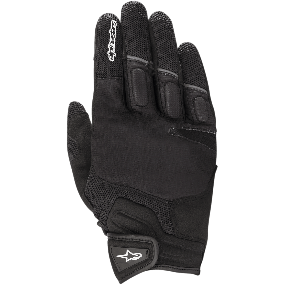 Luvas Alpinestars Atom, luvas de motociclismo pretas, com painéis em malha para respirabilidade, construção em tecido elástico, proteção acolchoada nas articulações e fecho de gancho e laço no pulso com logótipo de estrela branco