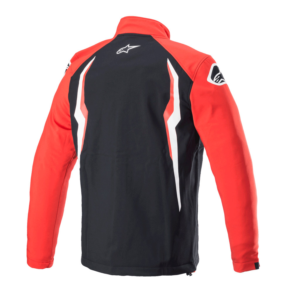 Jaqueta Softshell Alpinestars Honda, vermelho e preto, vista traseira com painel central preto e mangas vermelhas, com grafismos contrastantes em branco e vermelho, logótipo Alpinestars na gola e no ombro, design softshell desportivo inspirado no desporto motorizado