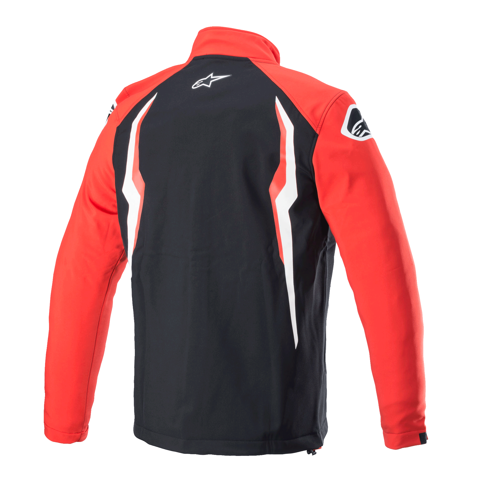 Jaqueta Softshell Alpinestars Honda, vermelho e preto, vista traseira com painel central preto e mangas vermelhas, com grafismos contrastantes em branco e vermelho, logótipo Alpinestars na gola e no ombro, design softshell desportivo inspirado no desporto motorizado