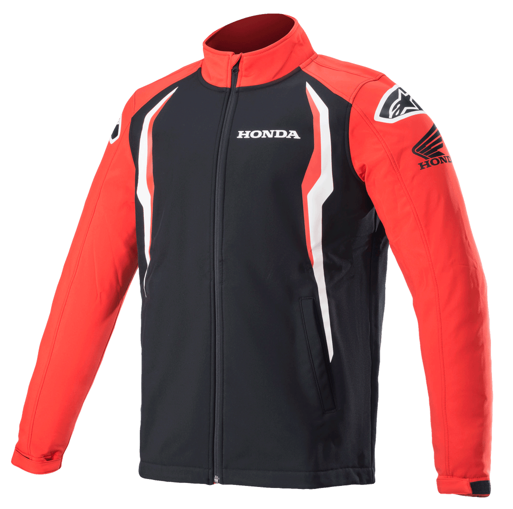Casaco Softshell Alpinestars Honda, casaco de sportswear, vermelho e preto com detalhes brancos, painéis de contraste, gola alta com fecho frontal, logótipos Honda e Alpinestars no peito e nos ombros, vestuário de lifestyle inspirado no desporto motorizado