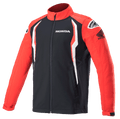 Casaco Softshell Alpinestars Honda, casaco de sportswear, vermelho e preto com detalhes brancos, painéis de contraste, gola alta com fecho frontal, logótipos Honda e Alpinestars no peito e nos ombros, vestuário de lifestyle inspirado no desporto motorizado