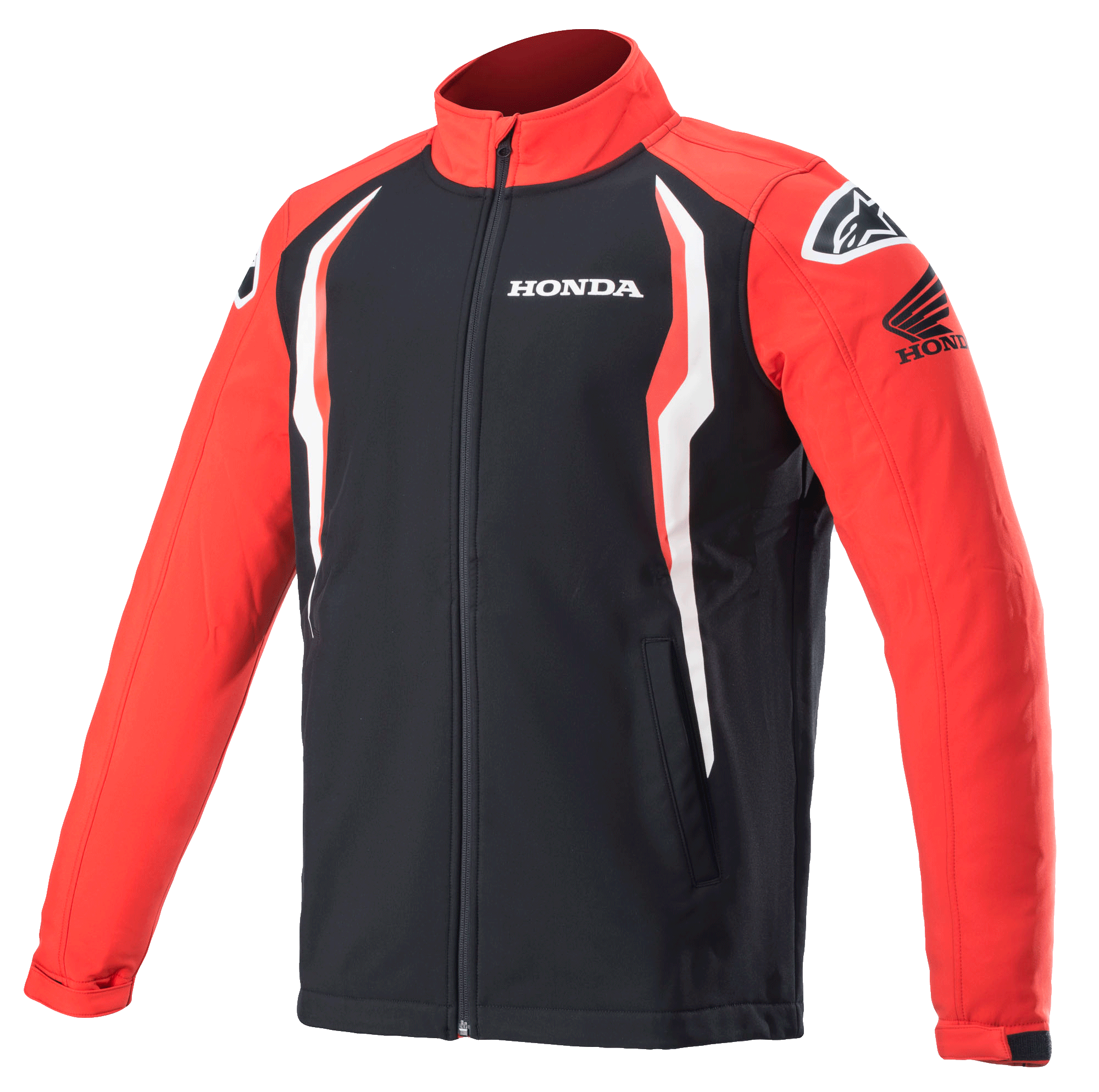 Casaco Softshell Alpinestars Honda, casaco de sportswear, vermelho e preto com detalhes brancos, painéis de contraste, gola alta com fecho frontal, logótipos Honda e Alpinestars no peito e nos ombros, vestuário de lifestyle inspirado no desporto motorizado