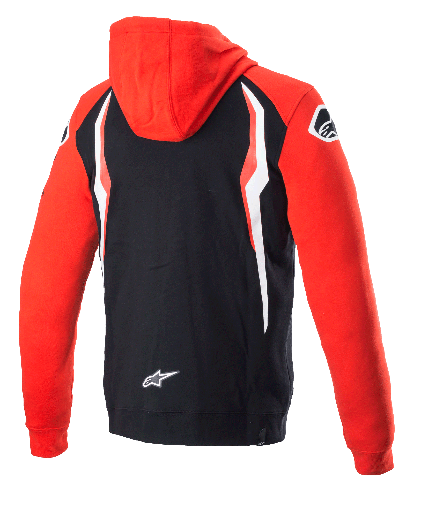 Alpinestars Honda Zip Hoodie, Red and Black, Rear View, Co-branded fleece with red hood and sleeves, black back with white and red contrast panels, Alpinestars star logo on the lower back, casual motorsport-inspired streetwear