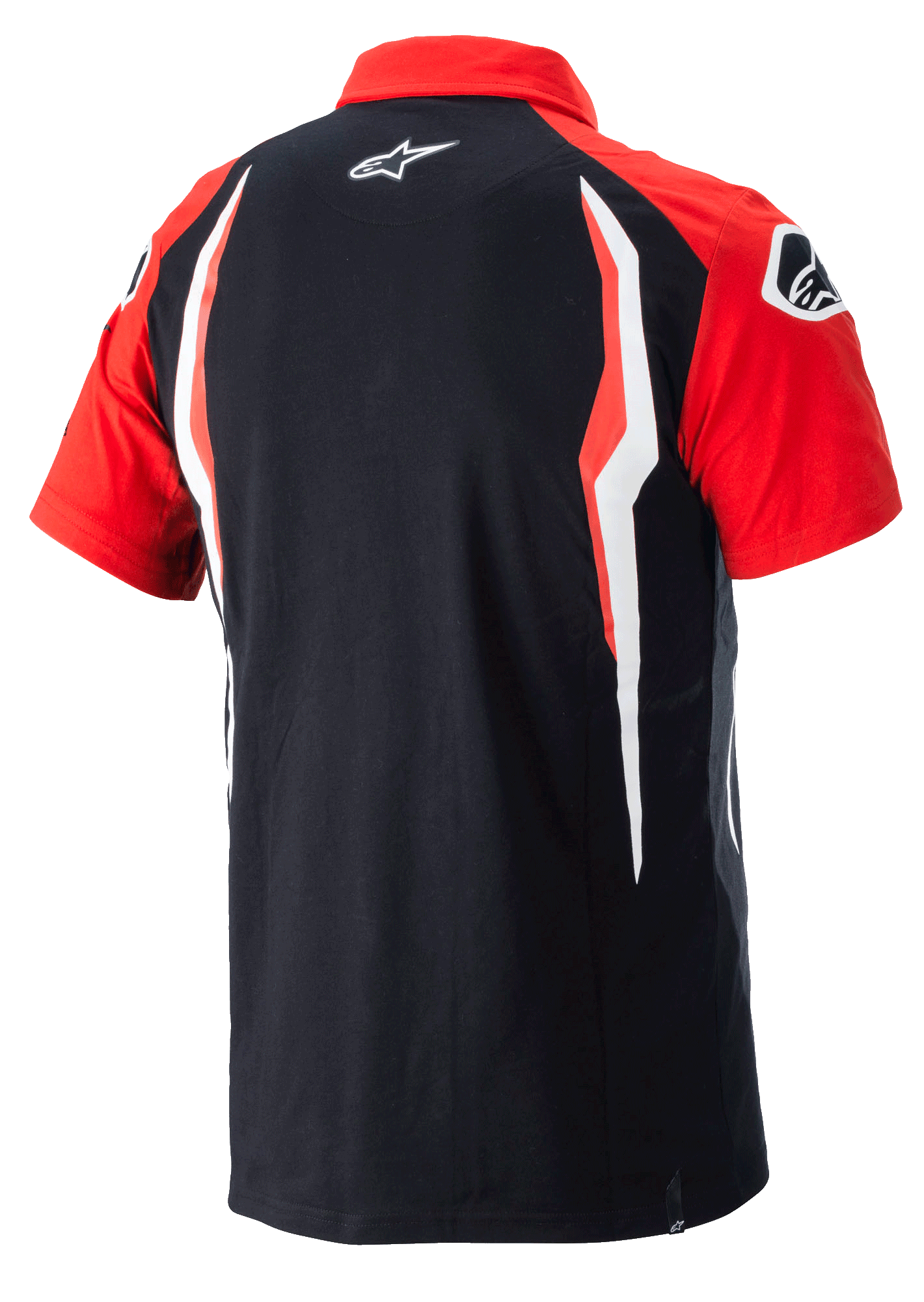 Polo Alpinestars Honda, polo de manga curta, vermelho e preto, vista traseira com painéis laterais contrastantes e logótipo Alpinestars nas costas, roupa desportiva casual de desportos motorizados