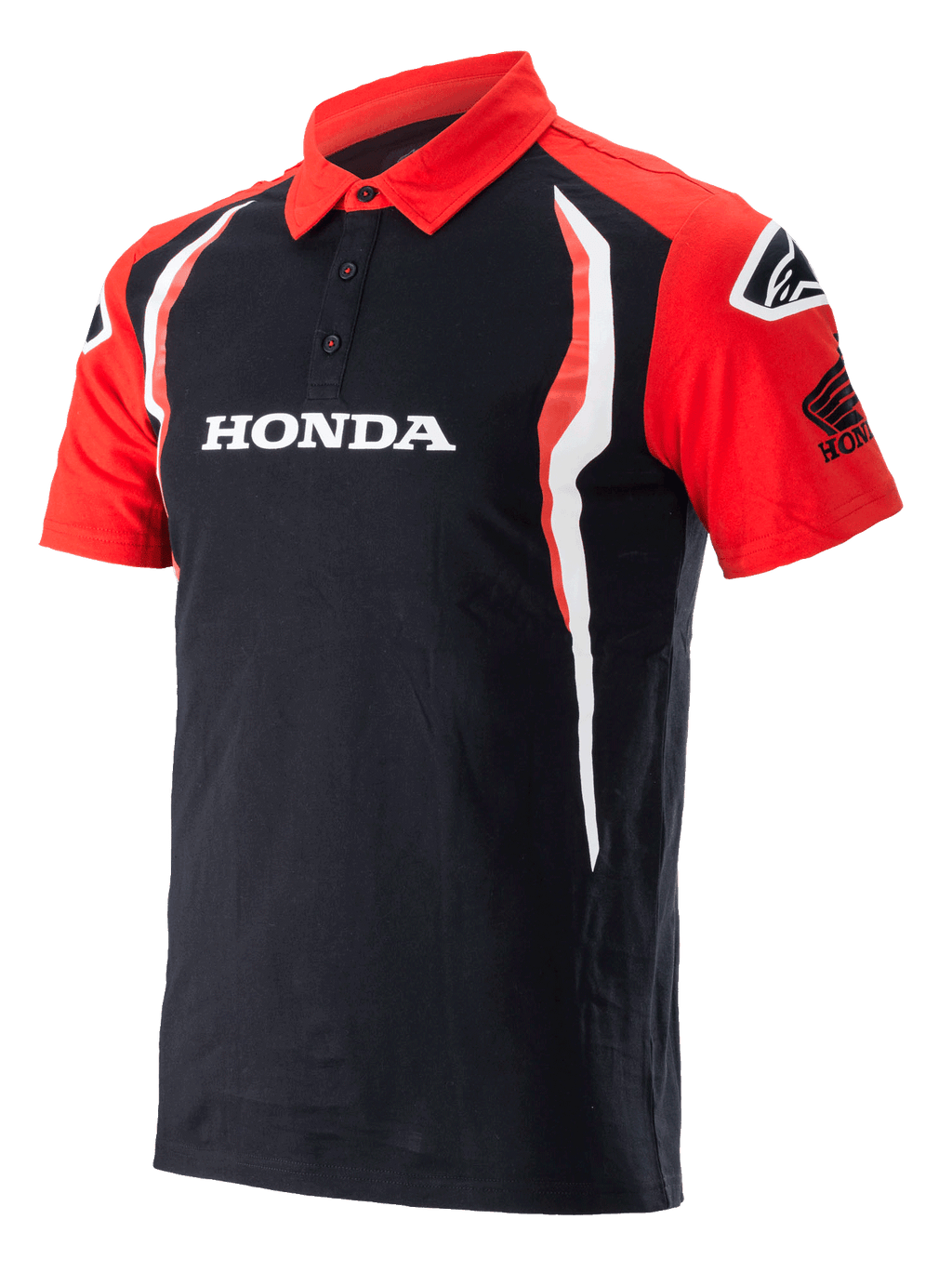 Alpinestars Honda Polo, polo de manga curta, preto e vermelho, carcela de três botões, logótipo Honda branco no peito, logótipo Honda Wing na manga e detalhes laterais verticais brancos e vermelhos