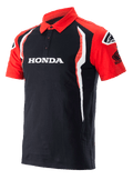 Alpinestars Honda Polo, polo de manga curta, preto e vermelho, carcela de três botões, logótipo Honda branco no peito, logótipo Honda Wing na manga e detalhes laterais verticais brancos e vermelhos