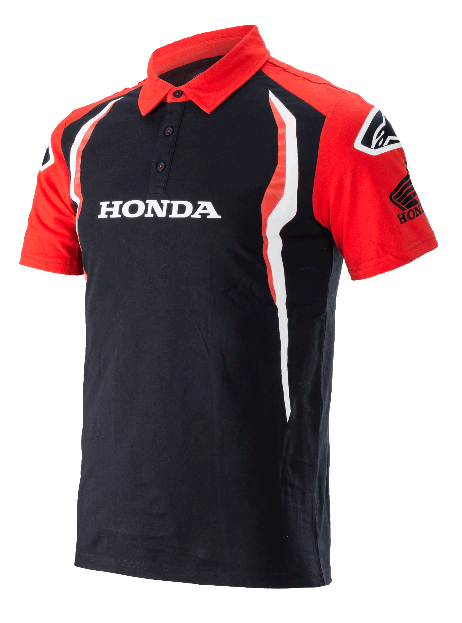 Alpinestars Honda Polo, polo de manga curta, preto e vermelho, carcela de três botões, logótipo Honda branco no peito, logótipo Honda Wing na manga e detalhes laterais verticais brancos e vermelhos