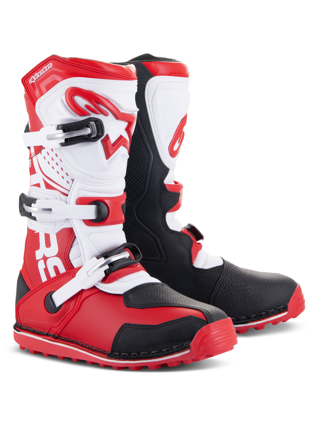 Alpinestars Tech-T Boots, Motorcycle Trials Boots, Bright Red Black and White, featuring a white ergonomic shinplate with red branding, three adjustable buckles, black protective panels, and a red textured sole for trials riding performance