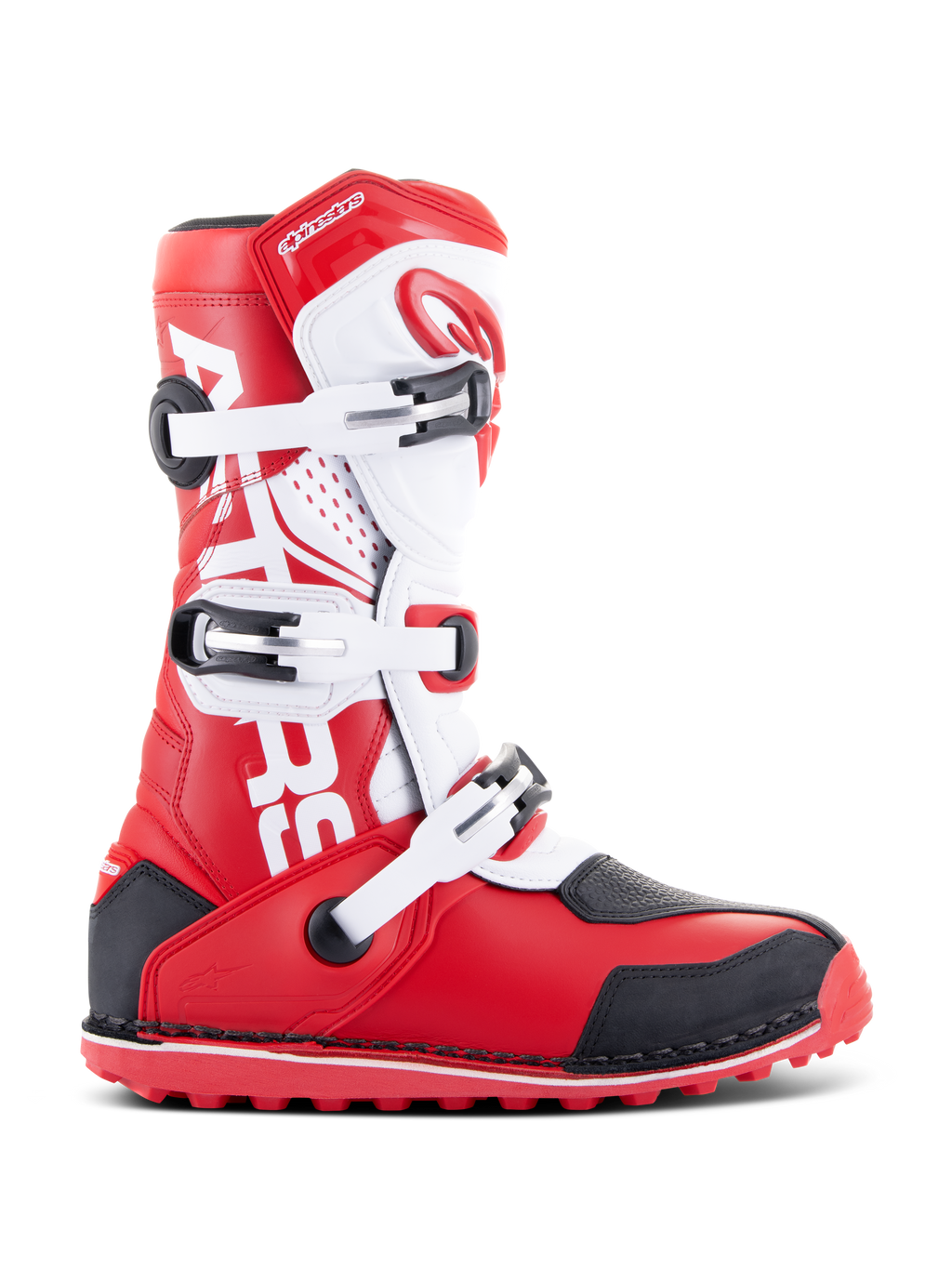 Alpinestars Tech-T Boots, Motorcycle Trials Boots, Bright Red Black and White, featuring three adjustable buckles, ergonomic shinplate, and red textured sole for off-road trials performance