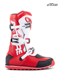Alpinestars Botas Tech-T, botas de moto para trials e todo-o-terreno, vermelho-vivo, preto e branco, construção em couro e microfibra com fecho de três fivelas e placa ergonómica para a canela