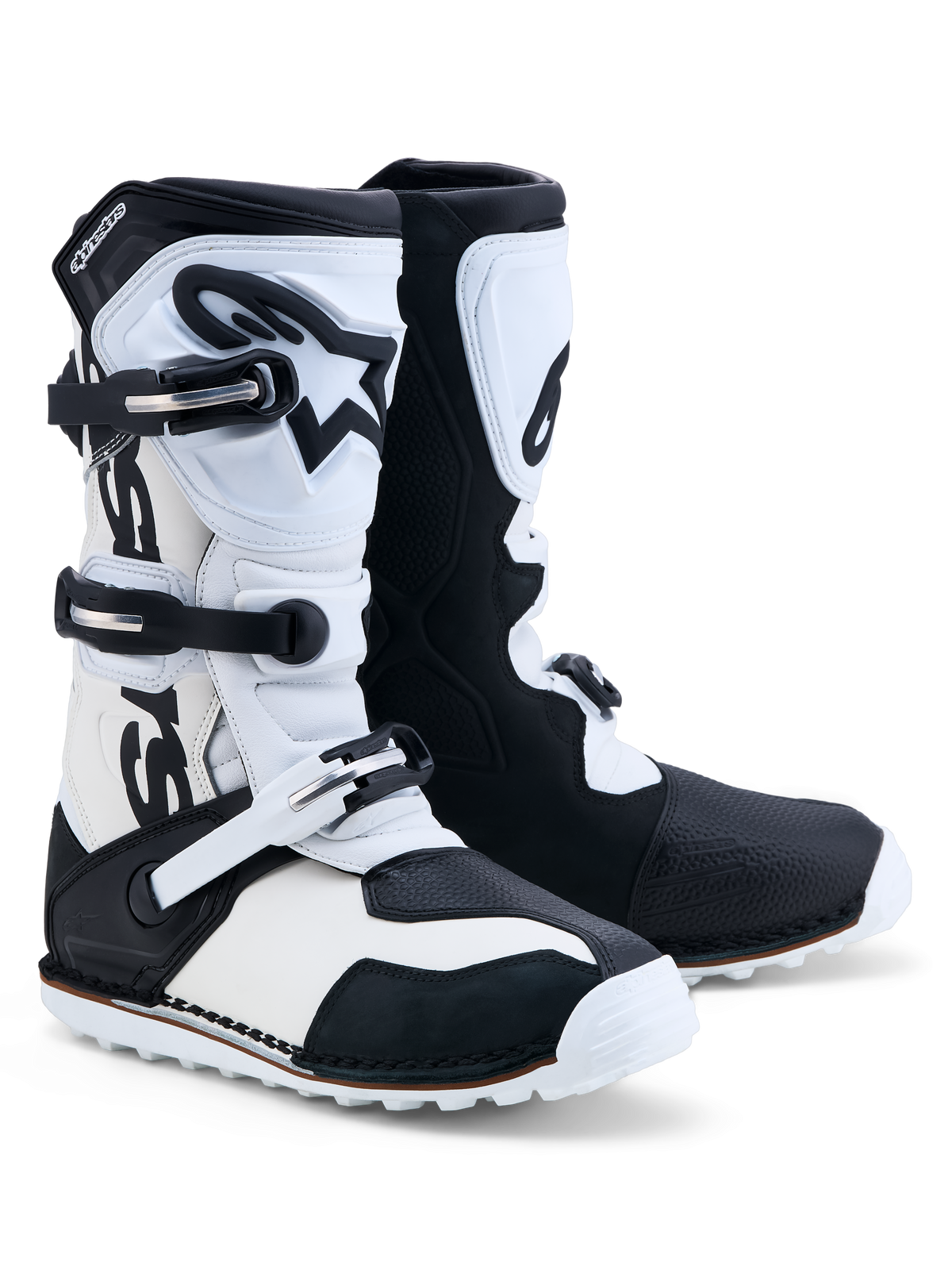 Alpinestars Tech-T, botas de moto para trials, pretas e brancas, em couro com fecho de três fivelas e caneleiras em TPU