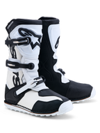 Alpinestars Tech-T, botas de moto para trials, pretas e brancas, em couro com fecho de três fivelas e caneleiras em TPU