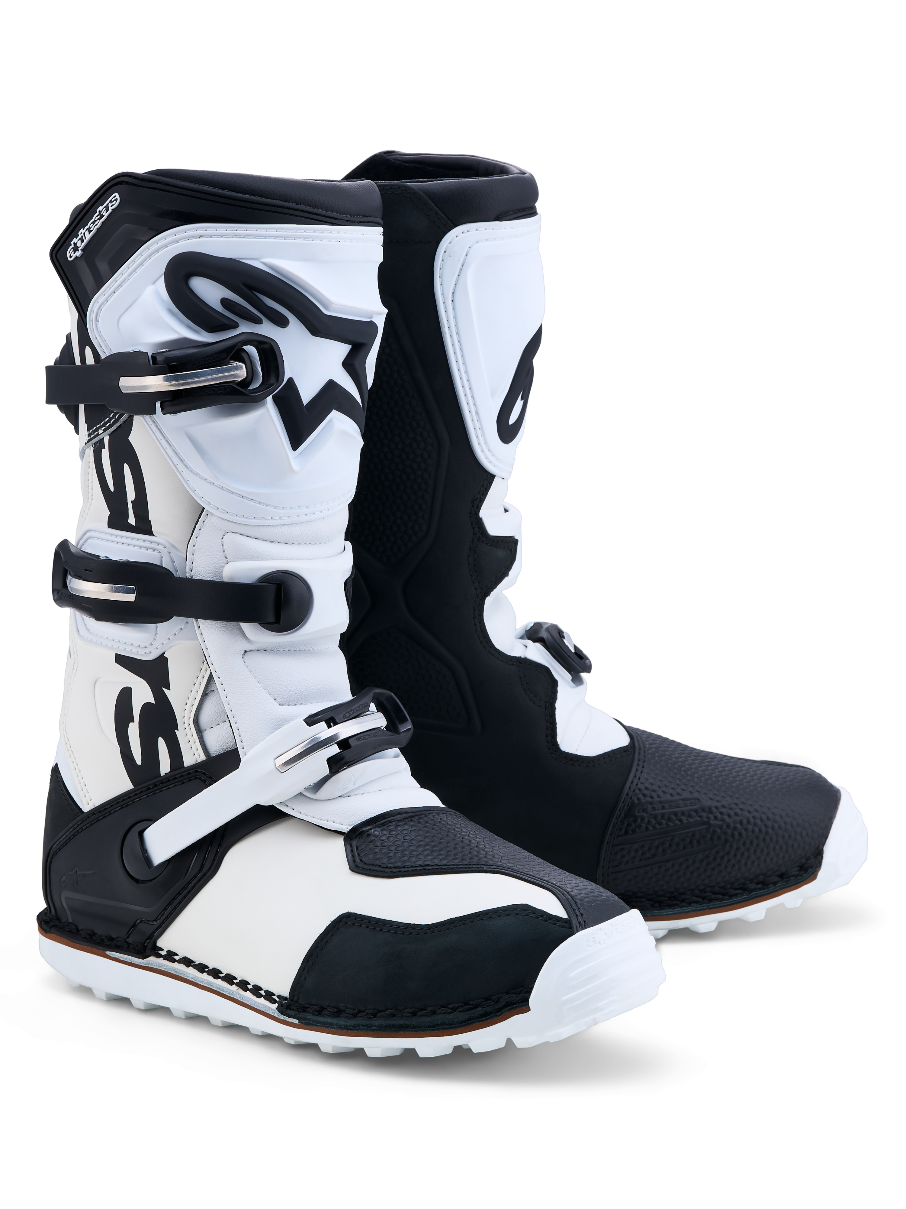 Alpinestars Tech-T, botas de moto para trials, pretas e brancas, em couro com fecho de três fivelas e caneleiras em TPU