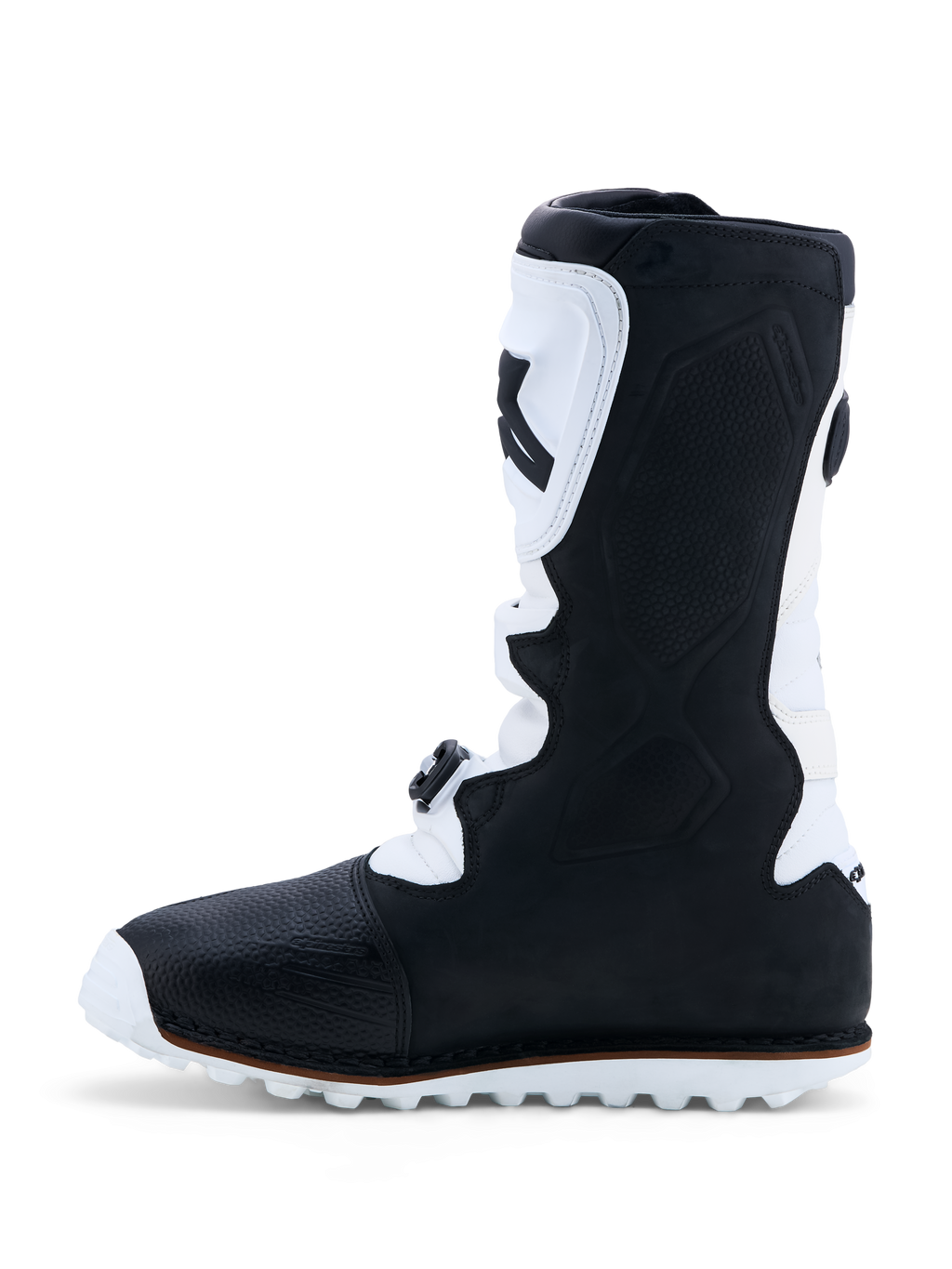 Alpinestars Botas Tech-T, botas de moto para trial em pele pretas e brancas, caneleira em TPU e sola de alta aderência.