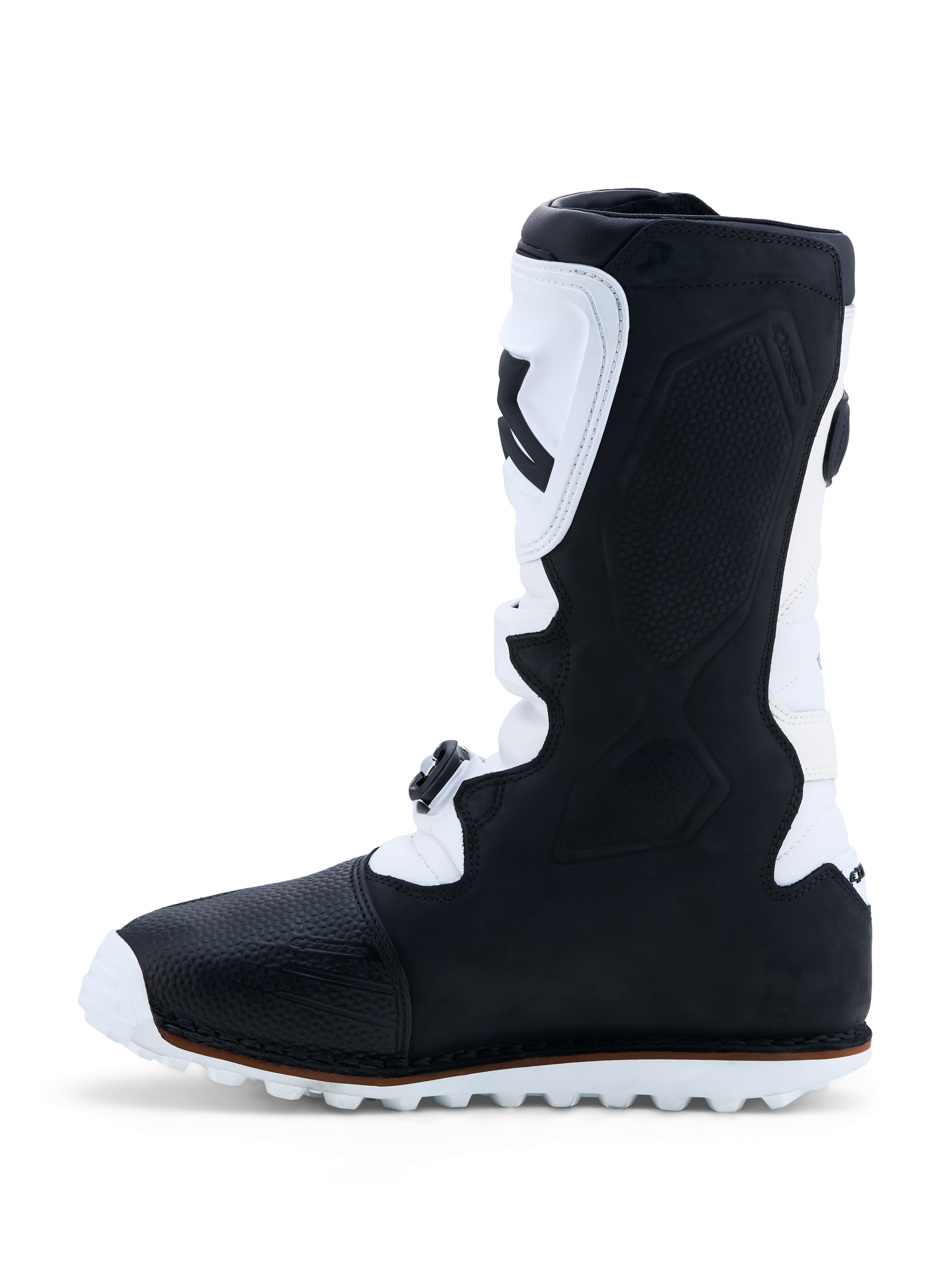 Alpinestars Botas Tech-T, botas de moto para trial em pele pretas e brancas, caneleira em TPU e sola de alta aderência.