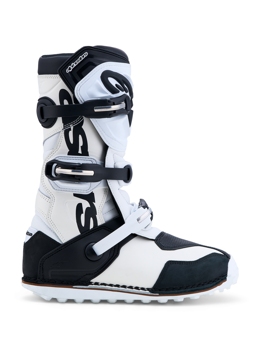 Alpinestars Botas Tech-T, botas de moto para trials masculinas, pretas e brancas, com placa de canela em TPU e construção em couro, certificadas CE