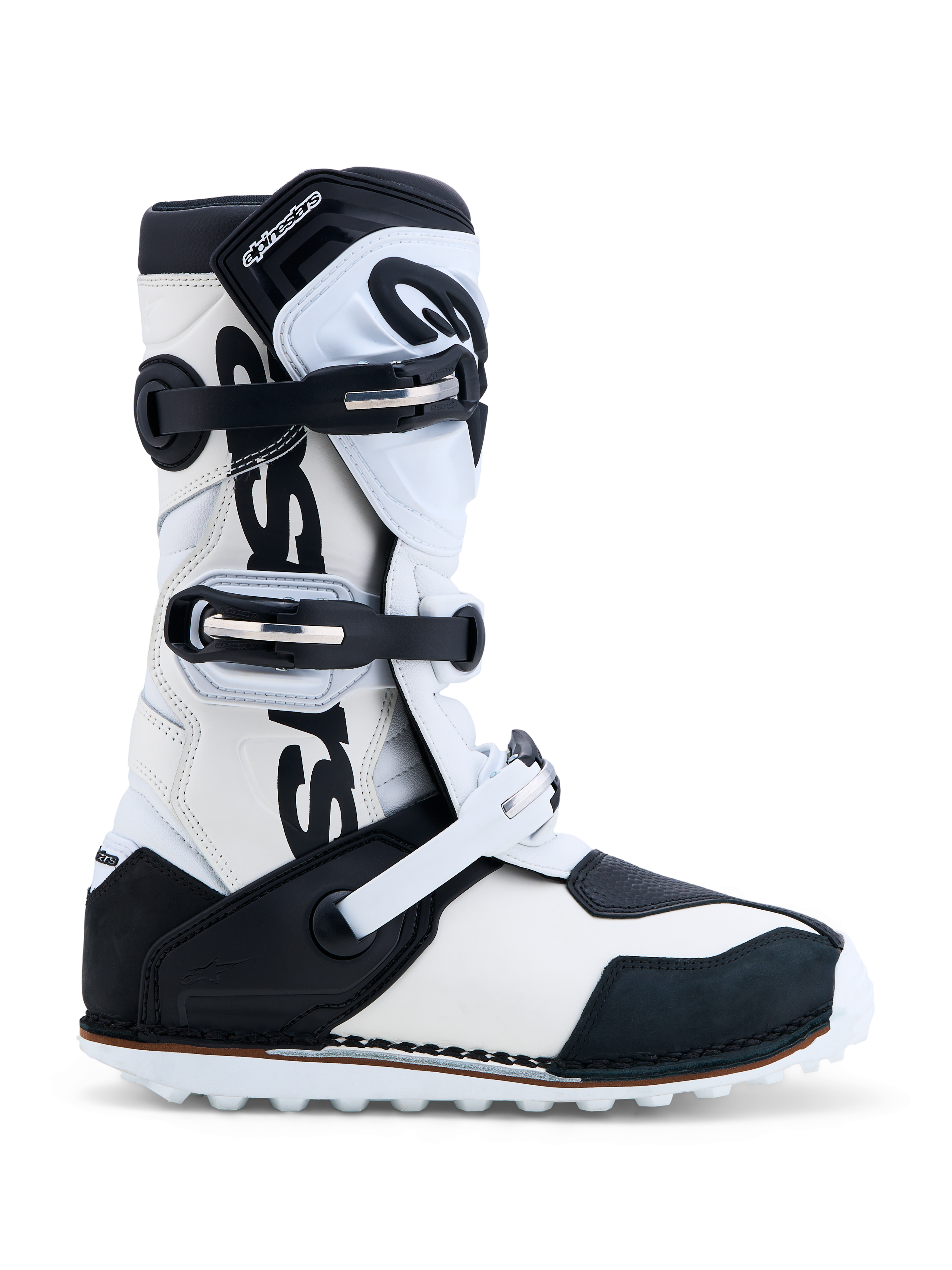 Alpinestars Botas Tech-T, botas de moto para trials masculinas, pretas e brancas, com placa de canela em TPU e construção em couro, certificadas CE