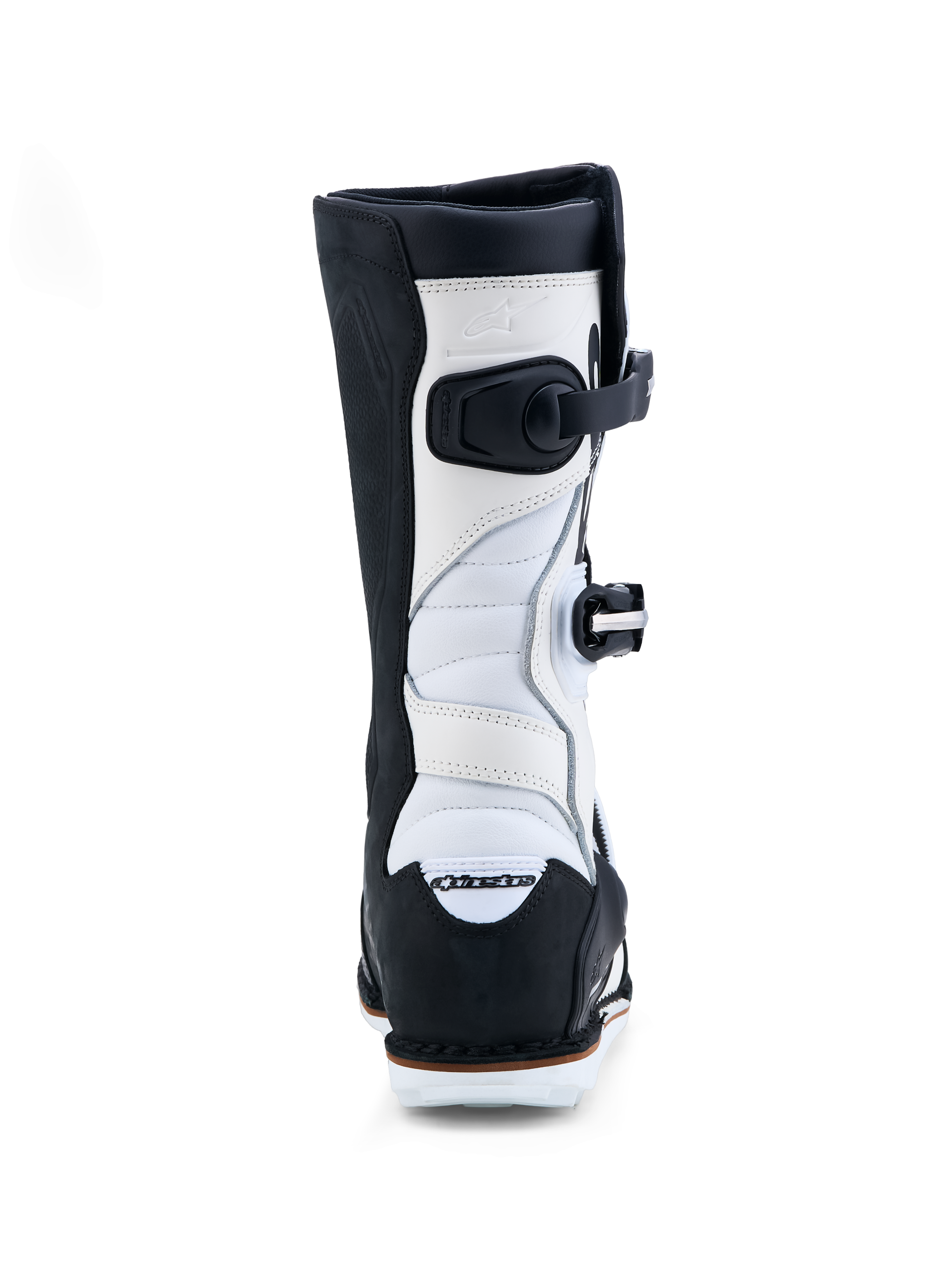 Alpinestars Tech-T, botas de moto para trial, pretas e brancas, couro com zonas de acordeão, vista traseira.