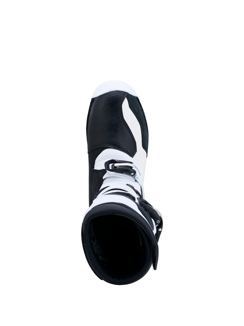 Alpinestars Botas Tech-T, botas de moto para trials, pretas e brancas, vista superior mostrando construção em couro e fecho de fivelas para precisão off-road.