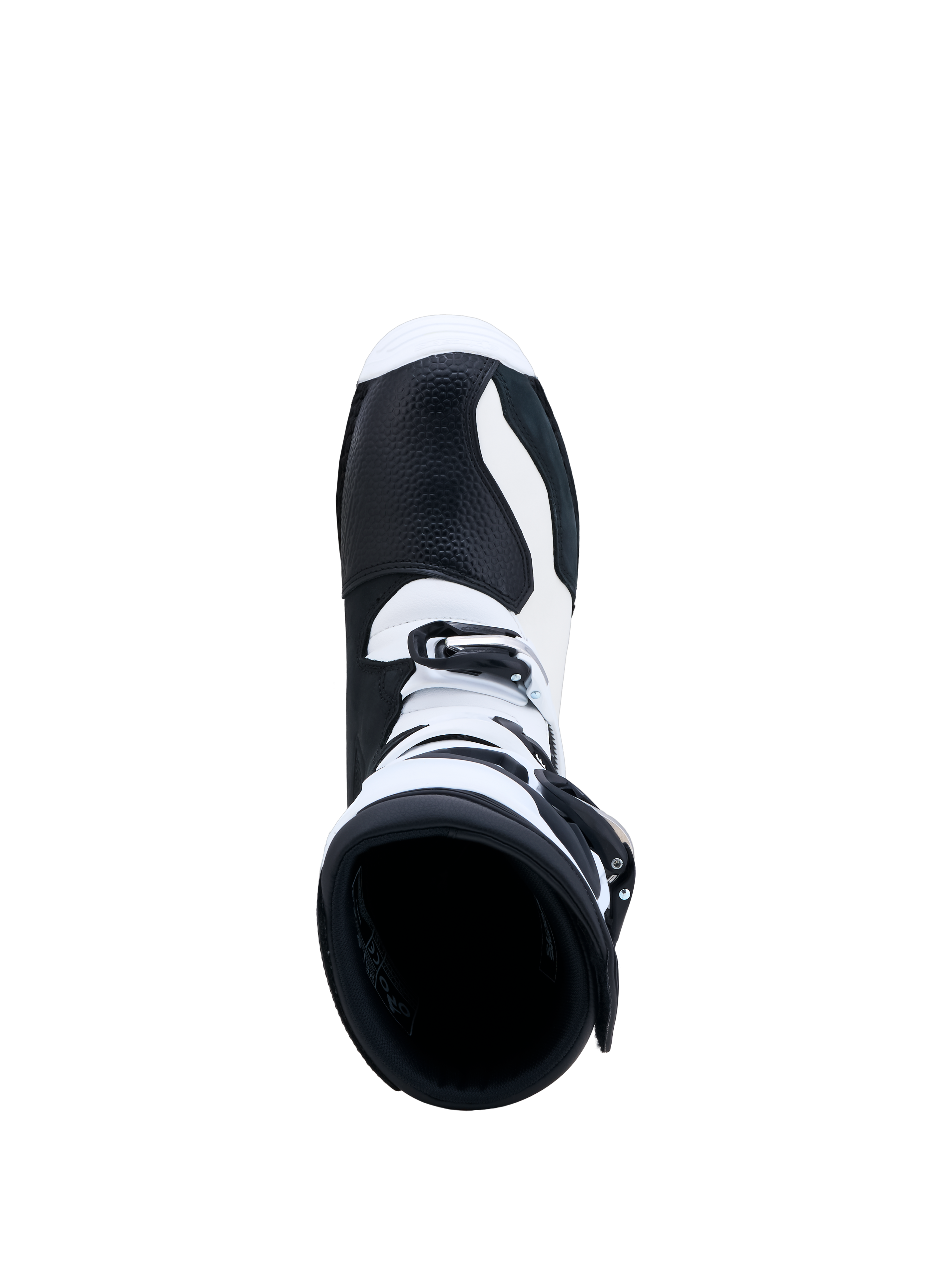 Alpinestars Botas Tech-T, botas de moto para trials, pretas e brancas, vista superior mostrando construção em couro e fecho de fivelas para precisão off-road.