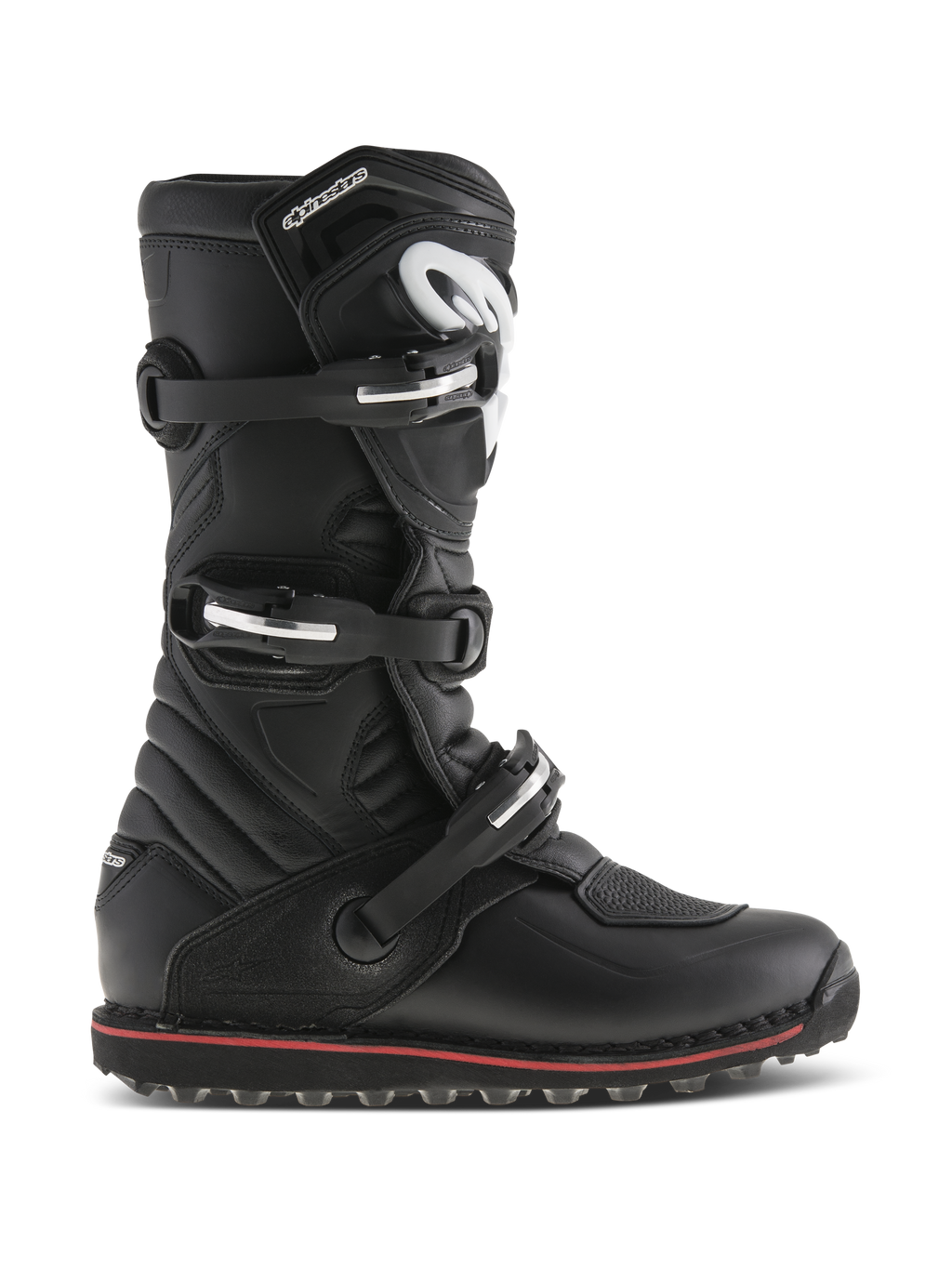 Alpinestars Tech-T Boots, Trials and Off-Road Motorcycle Boots, Black with Red Accent, side profile view featuring three adjustable buckles, white logo on ergonomic shinplate, textured leather panels, and rugged high-grip sole for bike control