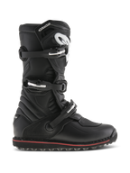 Alpinestars Tech-T Boots, Trials and Off-Road Motorcycle Boots, Black with Red Accent, side profile view featuring three adjustable buckles, white logo on ergonomic shinplate, textured leather panels, and rugged high-grip sole for bike control