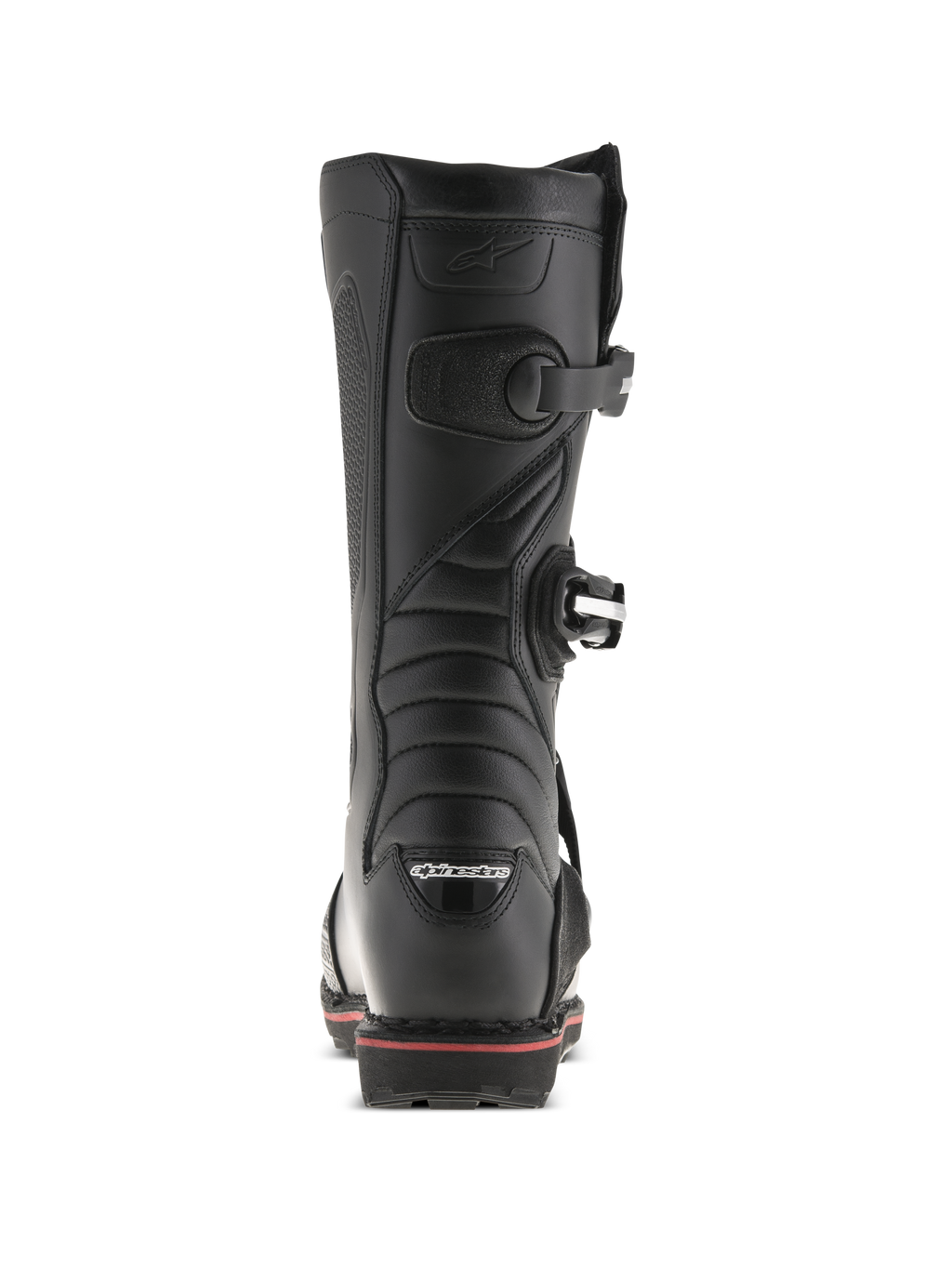 Alpinestars Tech-T Boots, Trials Boots, Black and Red, rear view showing Alpinestars logo on the heel, buckle straps, and a red accent line along the sole, technical off-road footwear design
