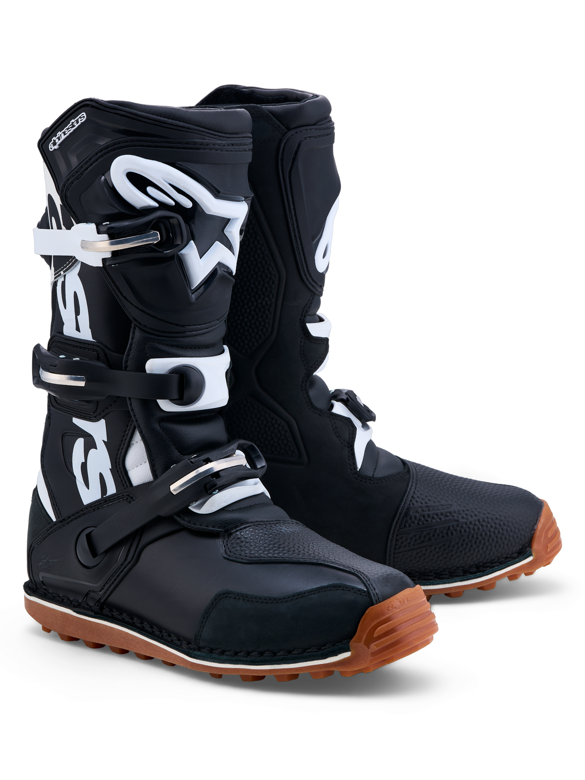 Alpinestars Tech-T, botas de trials para homem, pretas e brancas, em couro com caneleira em TPU e sola de borracha aderente