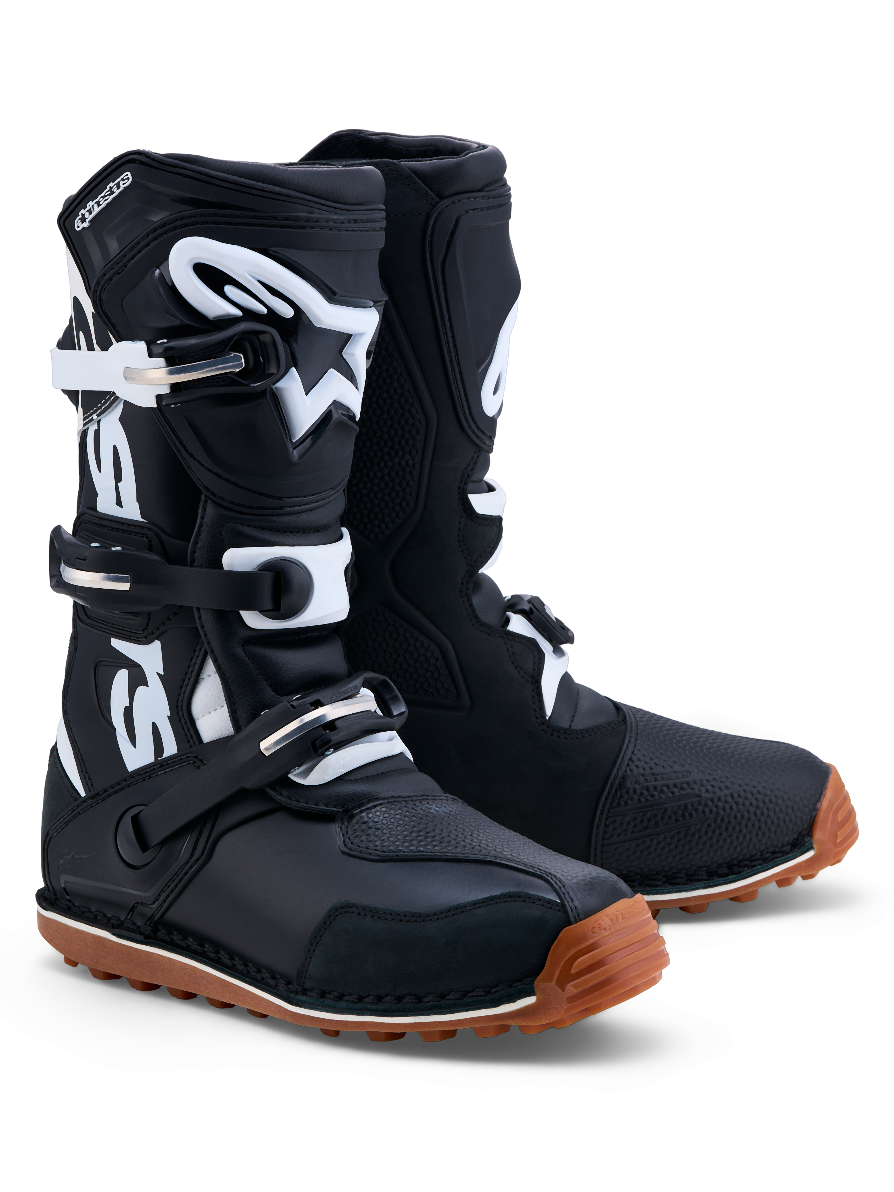 Alpinestars Tech-T, botas de trials para homem, pretas e brancas, em couro com caneleira em TPU e sola de borracha aderente