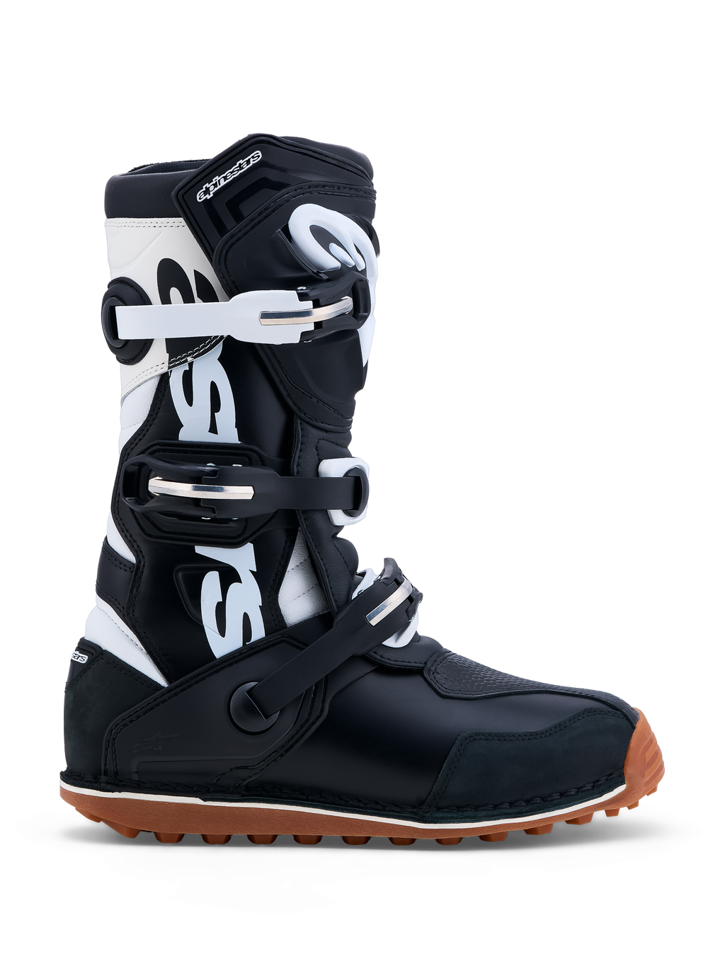 Alpinestars Tech-T, botas de moto para trials, pretas e brancas, construção em couro, certificadas CE, sola de borracha de alta aderência
