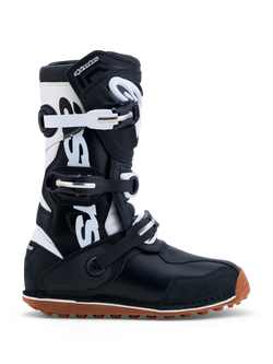 Alpinestars Tech-T, botas de moto para trials, pretas e brancas, construção em couro, certificadas CE, sola de borracha de alta aderência