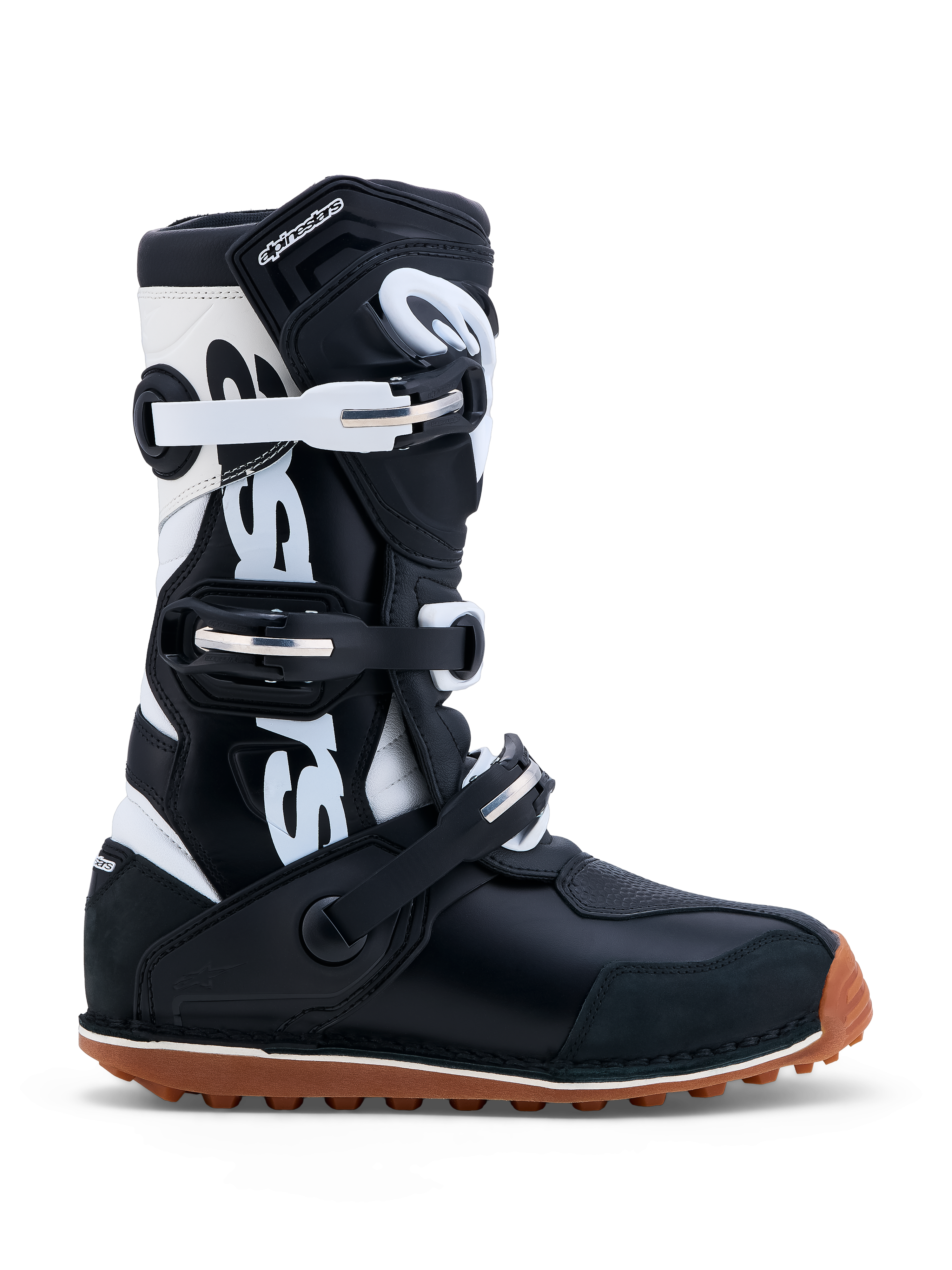 Alpinestars Tech-T, botas de moto para trials, pretas e brancas, construção em couro, certificadas CE, sola de borracha de alta aderência
