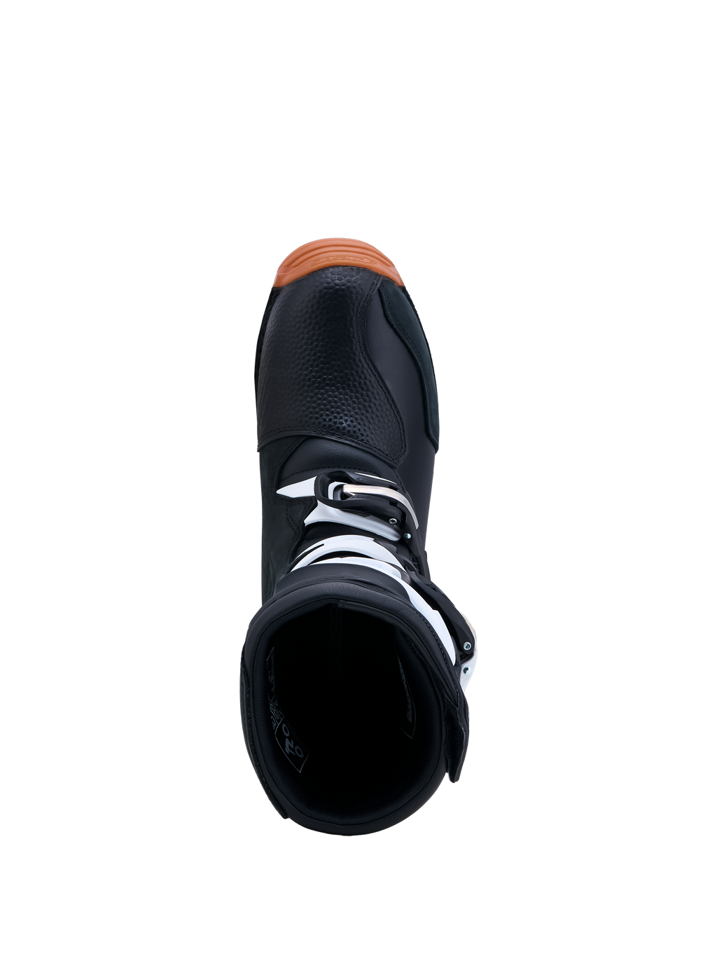 Alpinestars botas Tech-T, botas de trial pretas e brancas com sola de borracha, vista superior da abertura e fivelas.