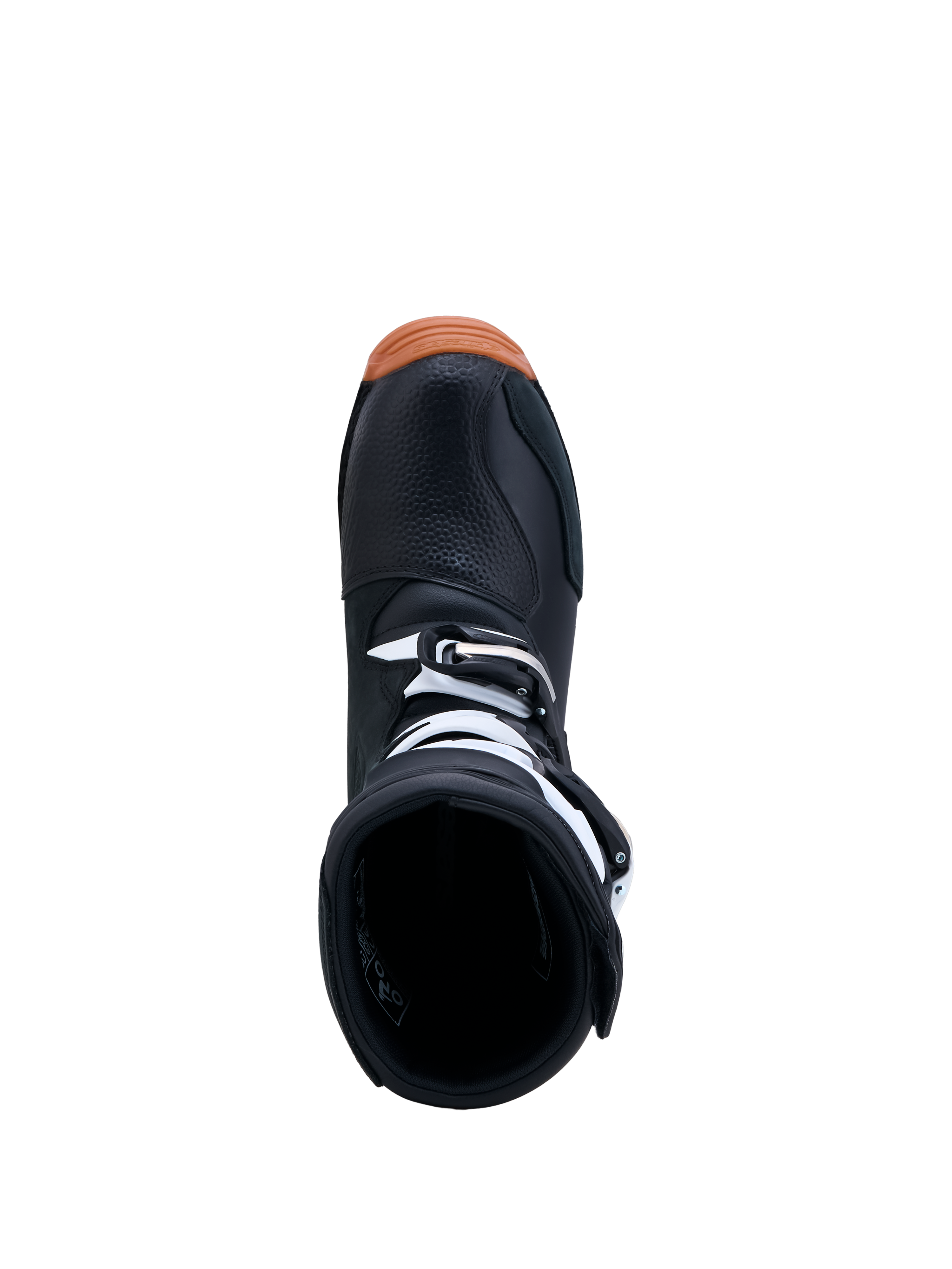 Alpinestars botas Tech-T, botas de trial pretas e brancas com sola de borracha, vista superior da abertura e fivelas.