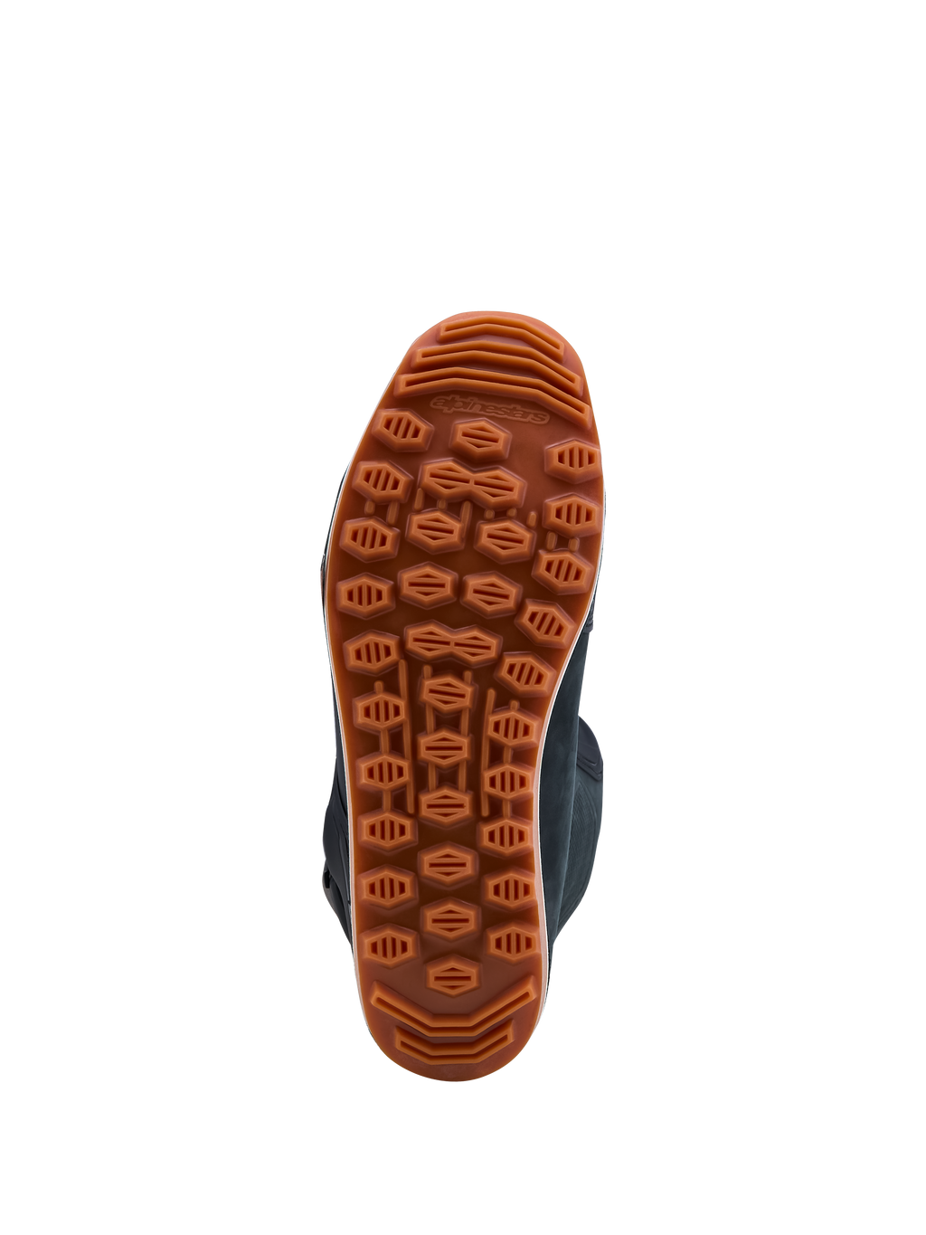Alpinestars Botas Tech-T, sola de borracha castanha e preta de alta aderência para trials, tração em terrenos acidentados.