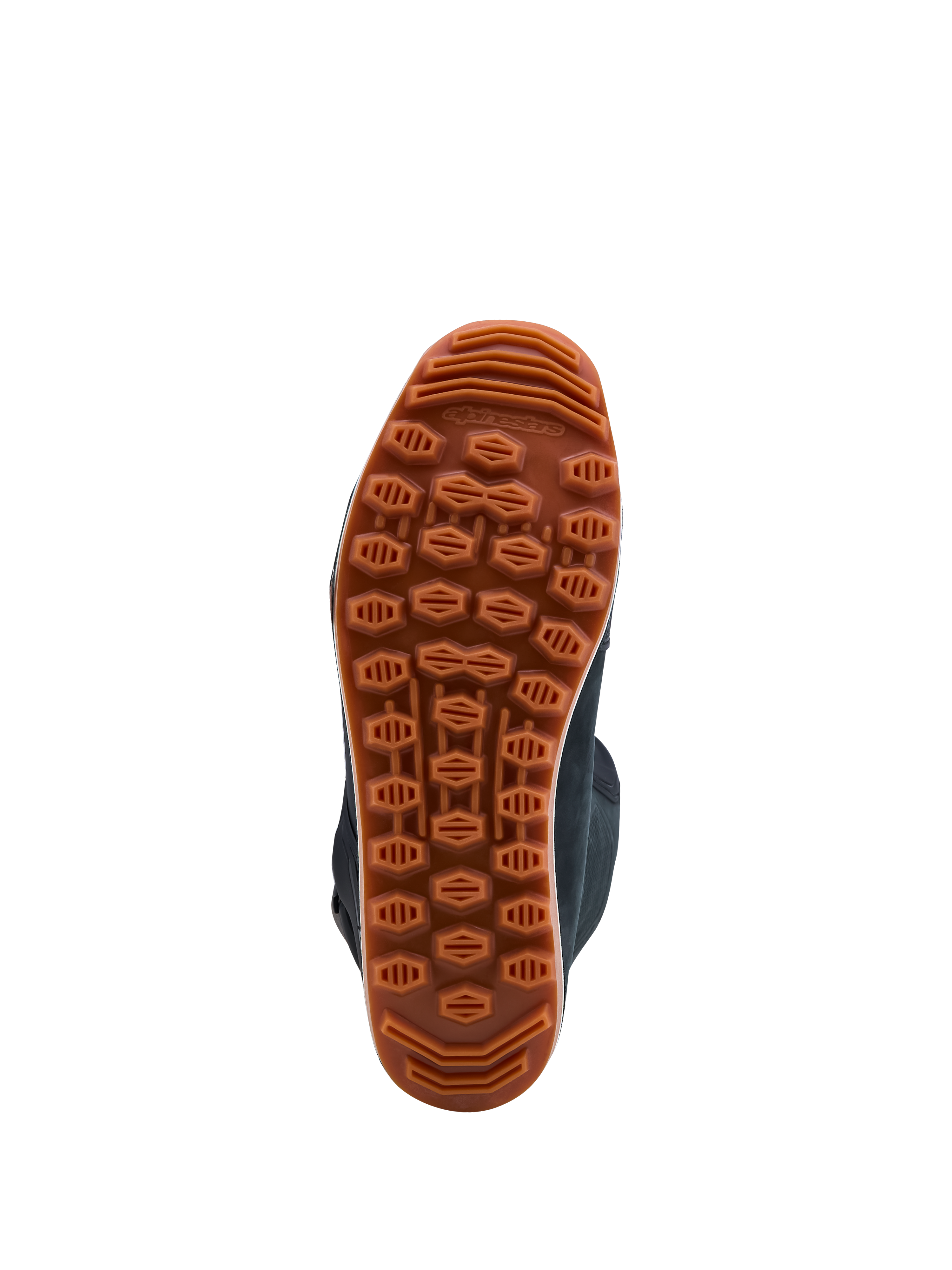 Alpinestars Botas Tech-T, sola de borracha castanha e preta de alta aderência para trials, tração em terrenos acidentados.