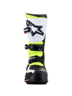 Alpinestars Tech-T Boots, Trials Footwear, White Red Yellow Fluorescent and Black, Front view, featuring a white ergonomic shin plate with black star logo, adjustable buckles, and high-visibility yellow panels.